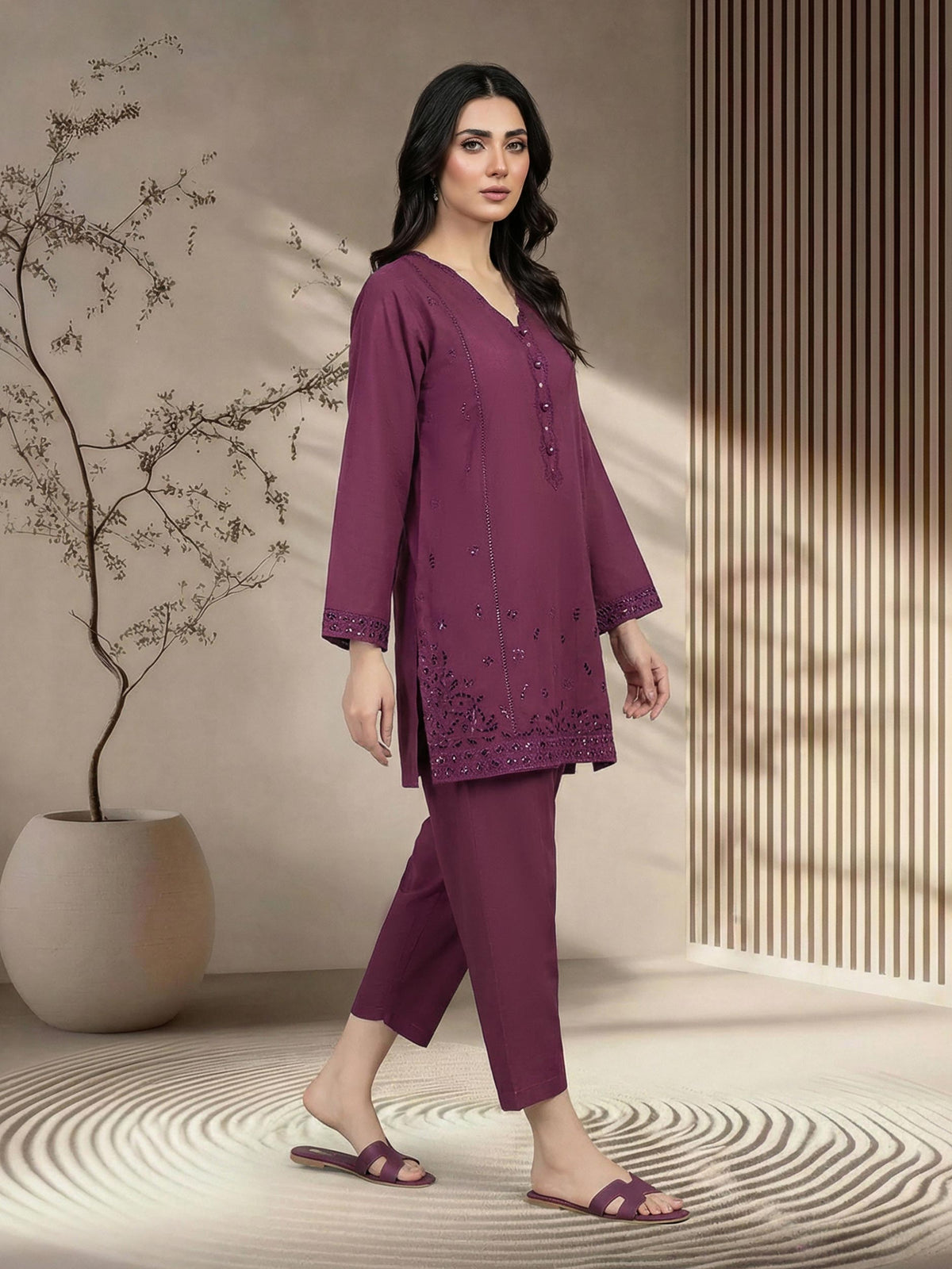 2 Piece  Lawn Slub Suit- Embroidered (Pret)