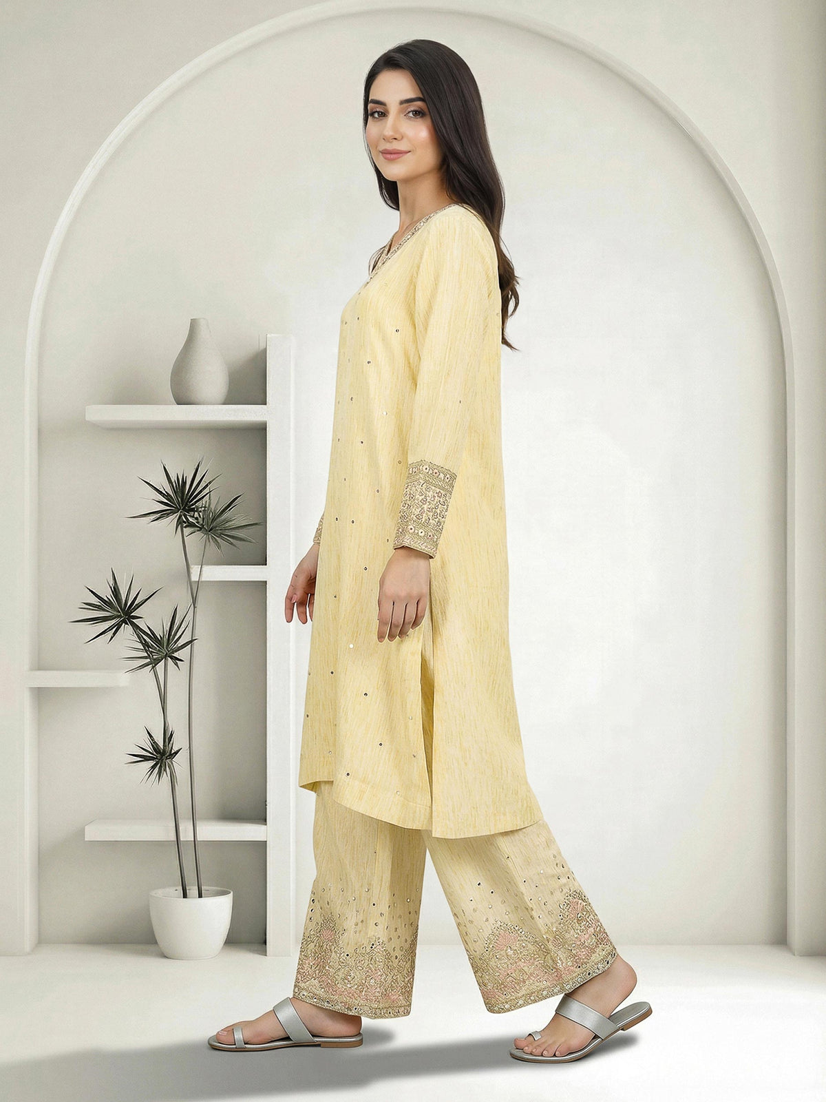 2 Piece Viscose Glitter Suit- Embroidered (Pret)