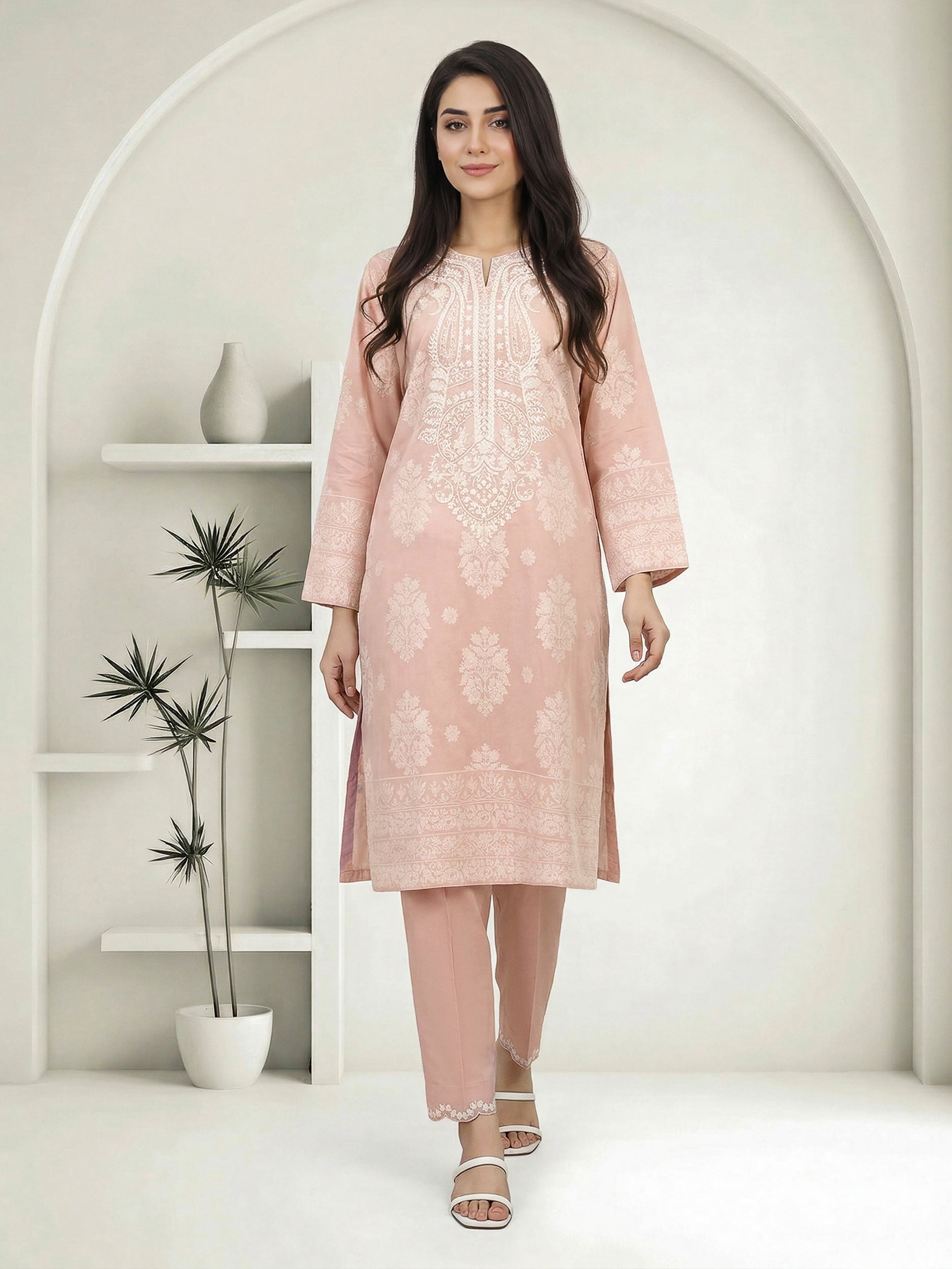 2 Piece Self Jacqurad Suit- Embroidered (Pret)