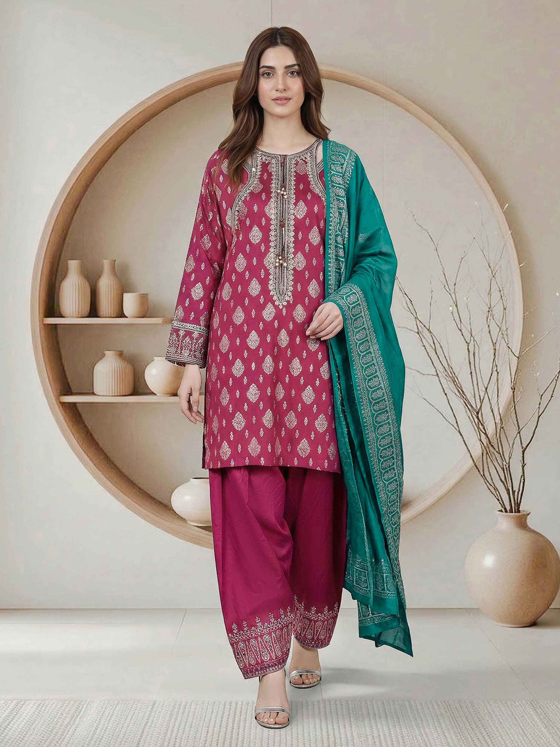 3 Piece Raw Silk Suit- Embroidered (Pret)