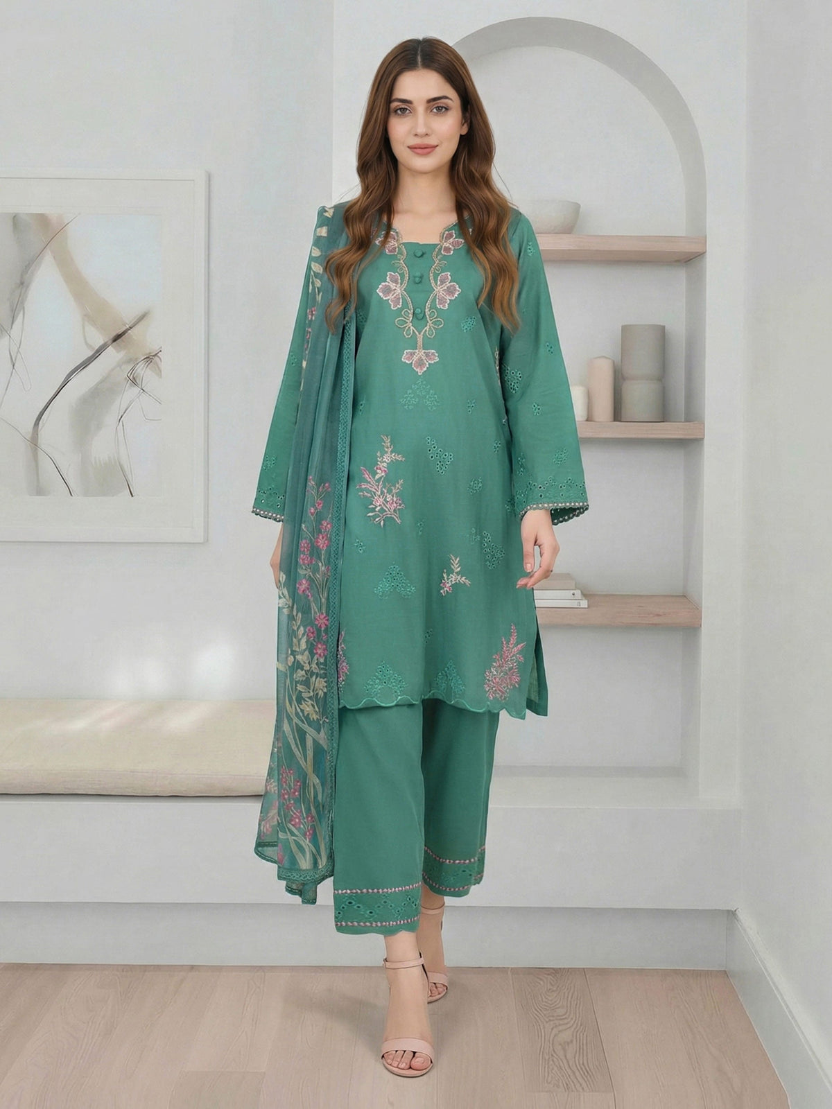 3 Piece Viscose Slub Suit- Embroidered (Pret)