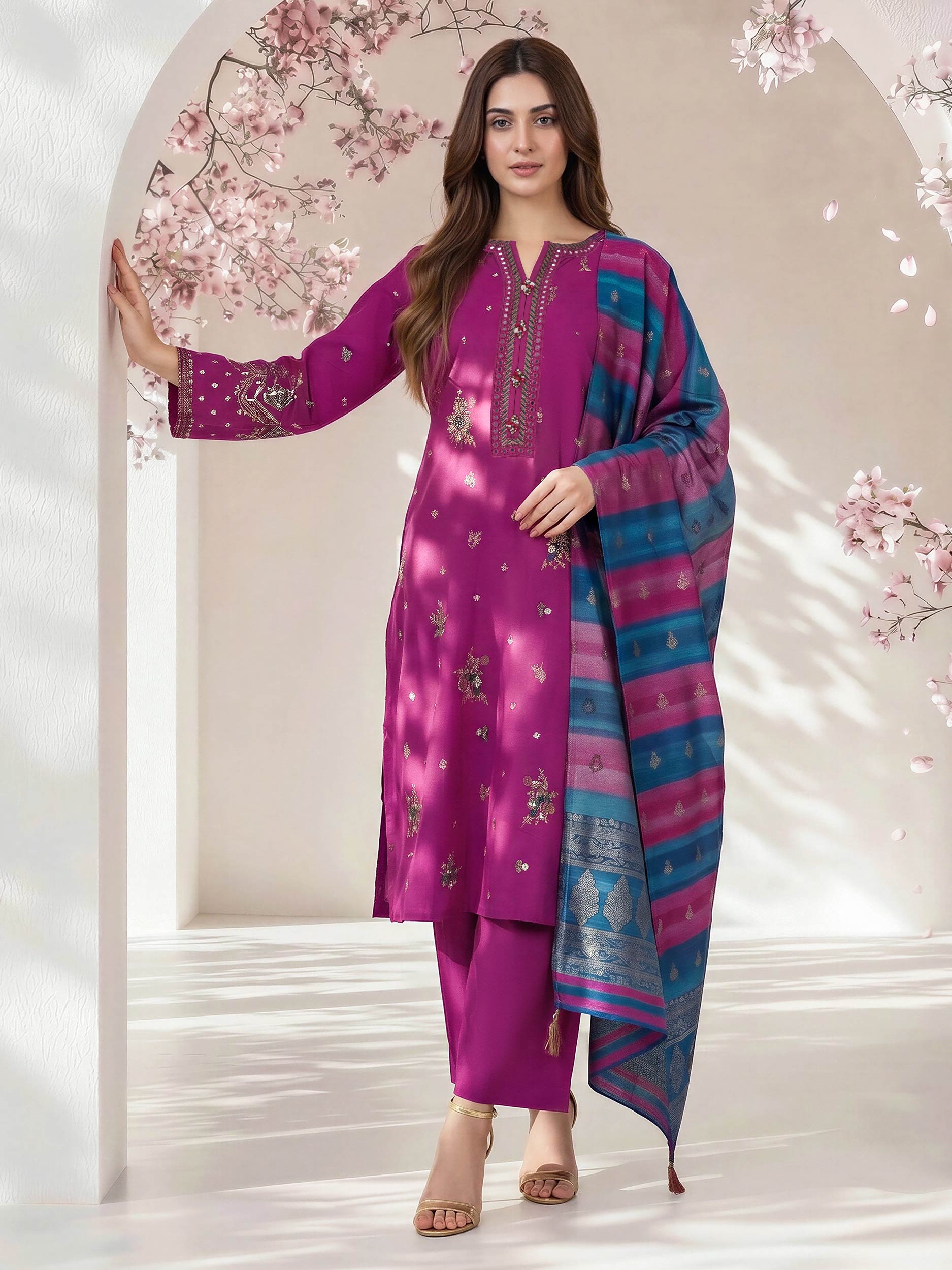 3 Piece Oak Silk Suit- Embroidered (Pret)