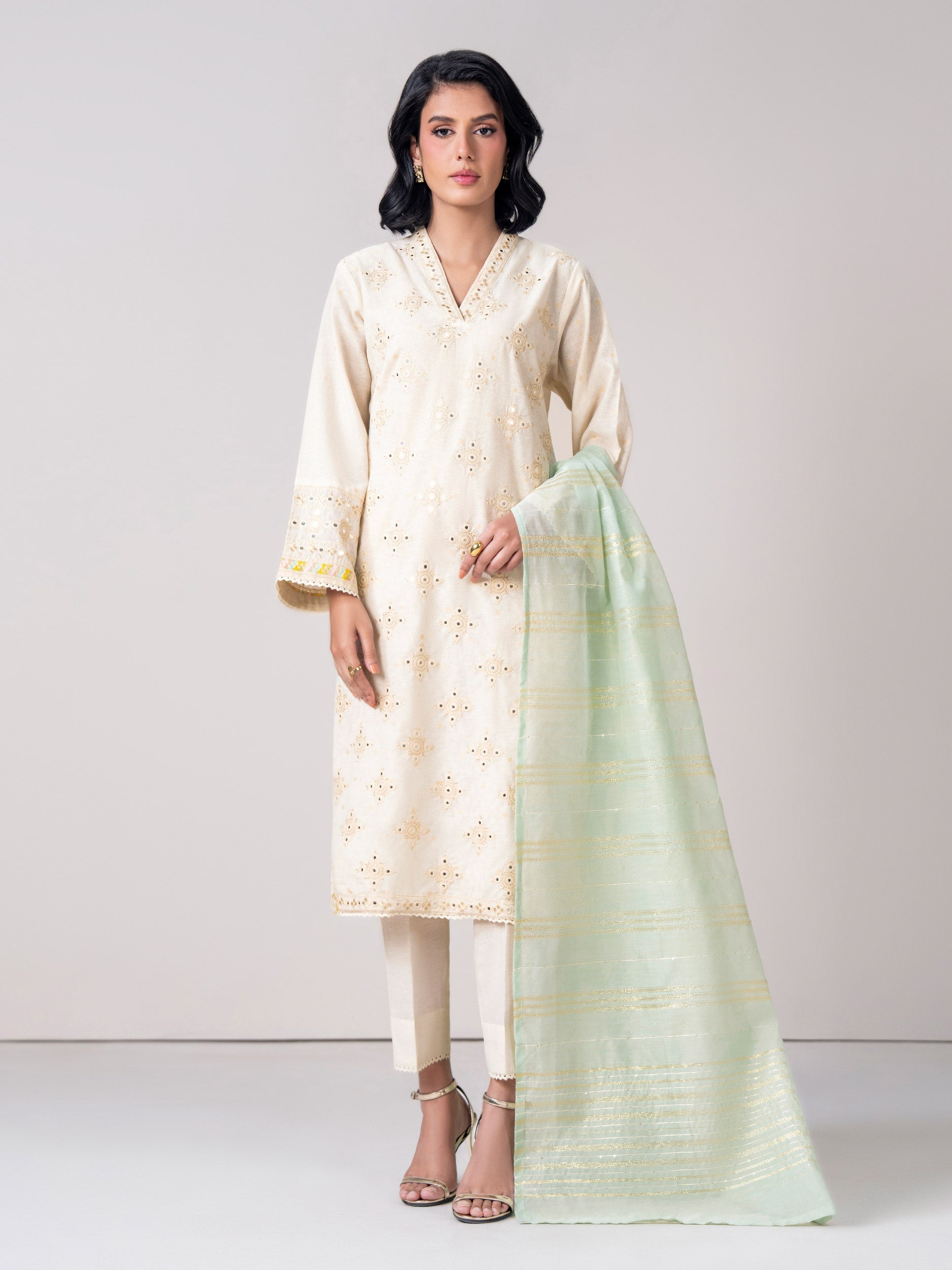 3 Piece Self Jacquard Suit- Embroidered (Pret)