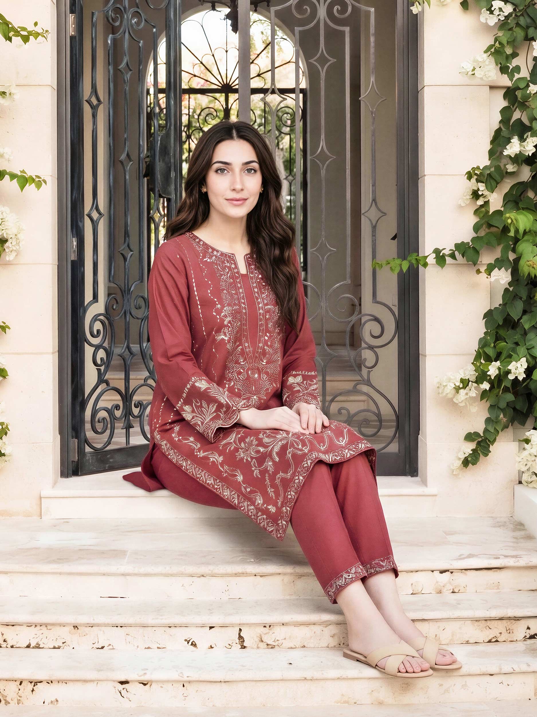 2 Piece Self Jacquard Suit- Embroidered (Pret)