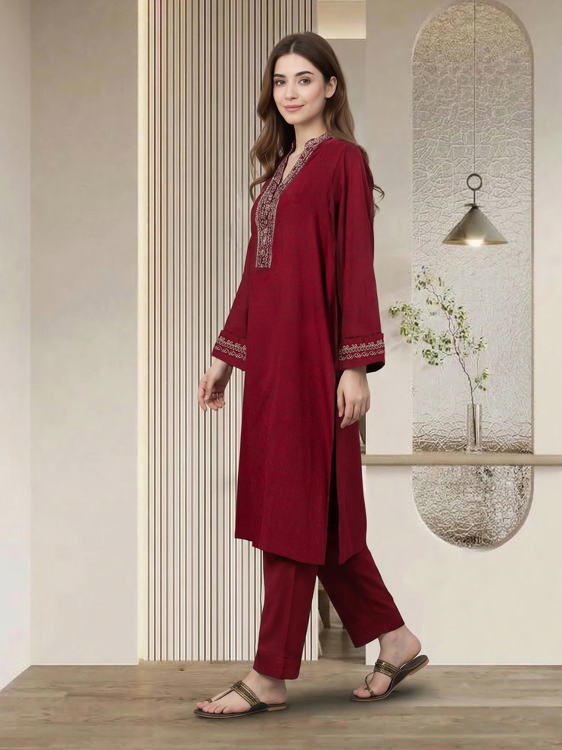 2 Piece Self Jacquard Suit- Embroidered (Pret)