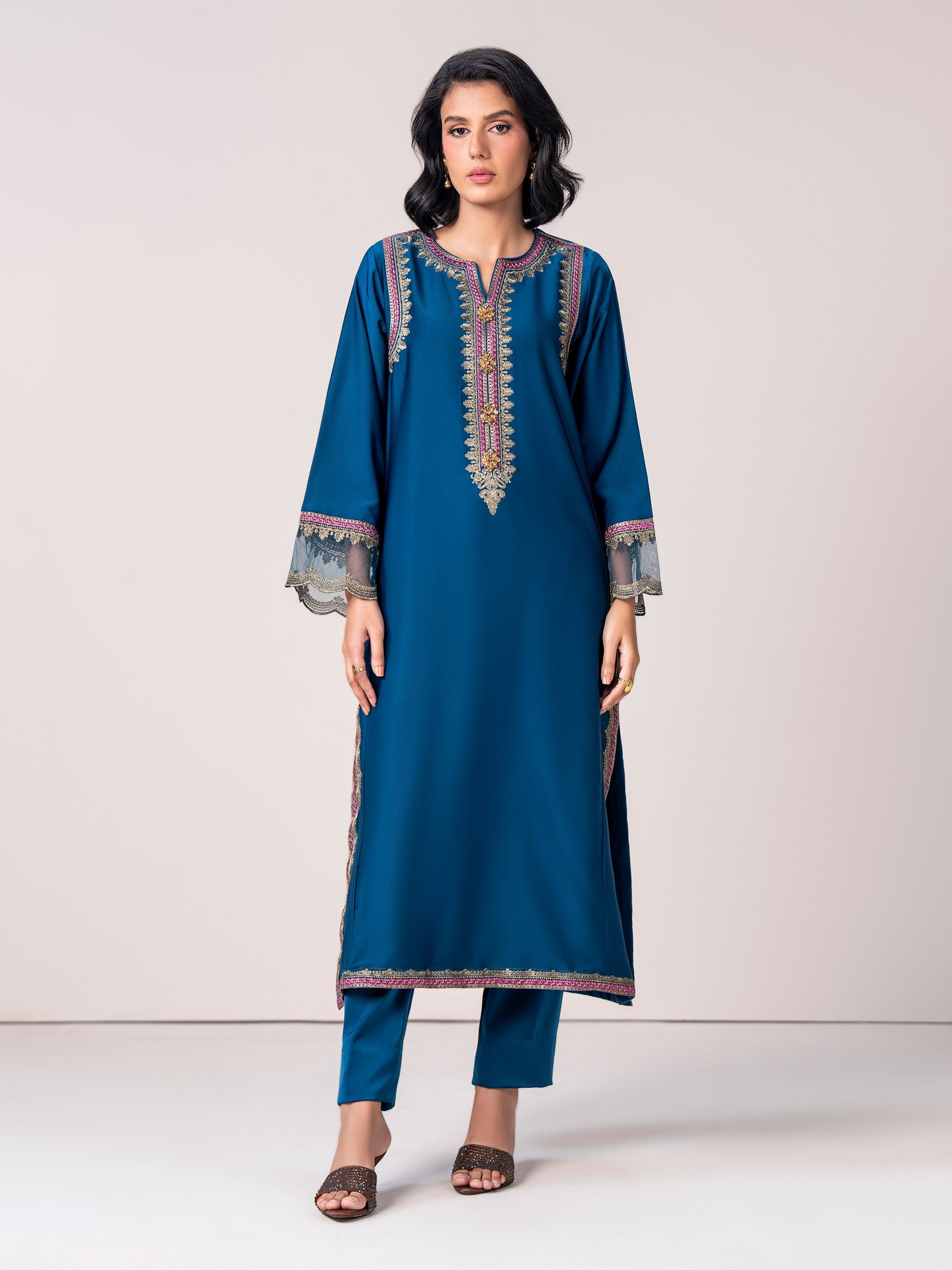 2 Piece Silk Suit-  Embroidered (Pret)