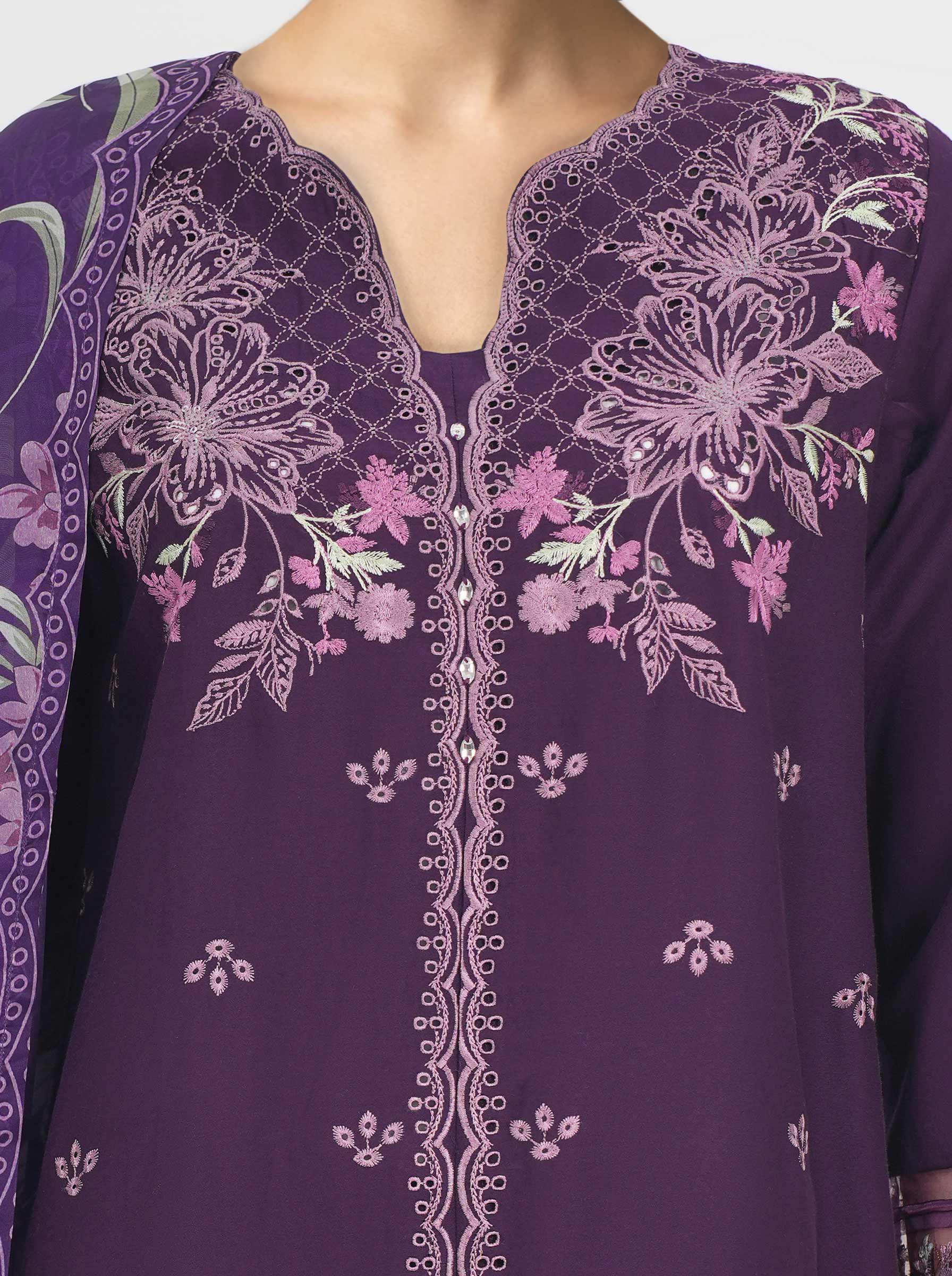 3 Piece Satin Suit- Embroidered (Pret)