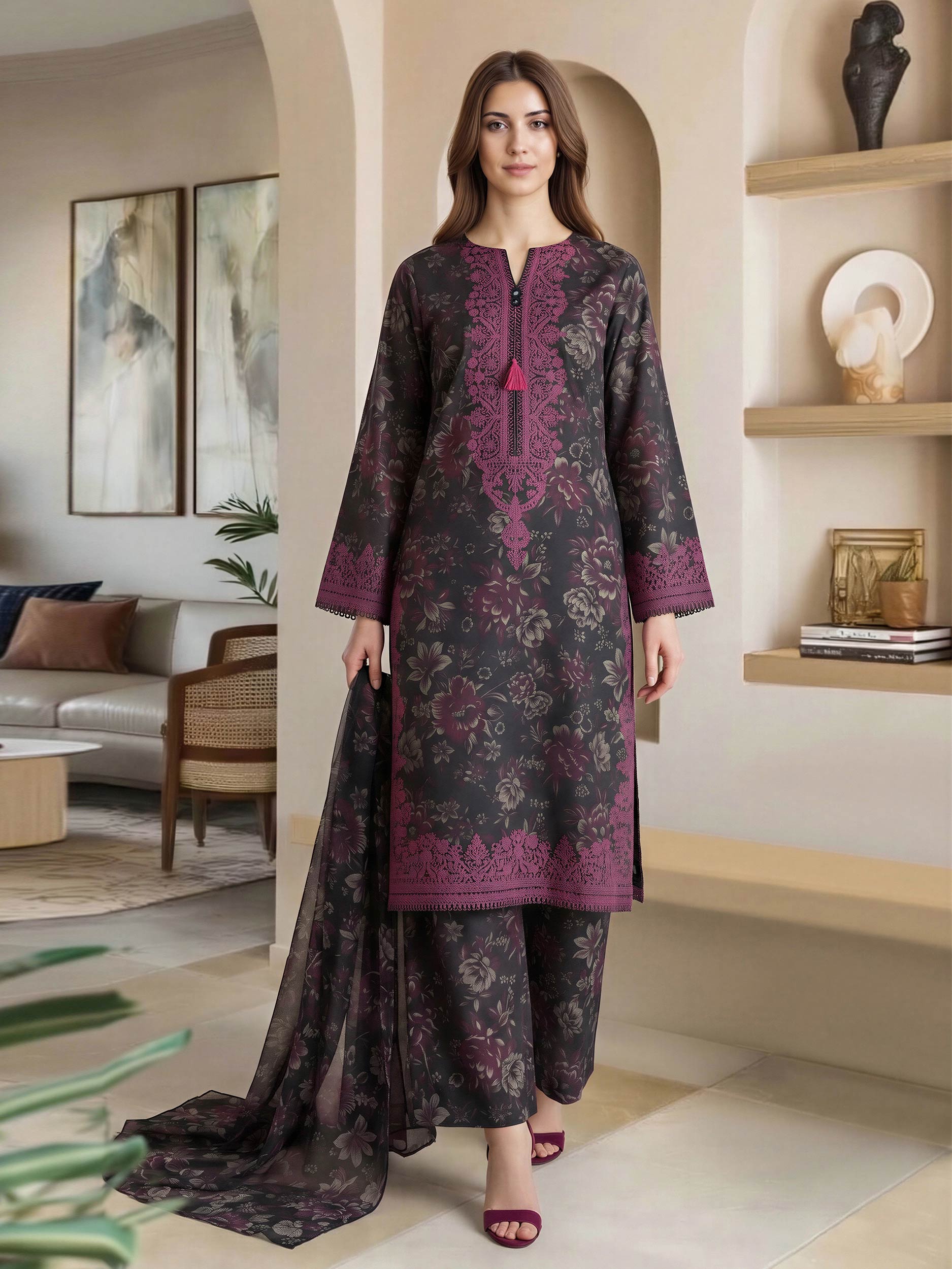 3 Piece Lawn Slub Suit (Pret)
