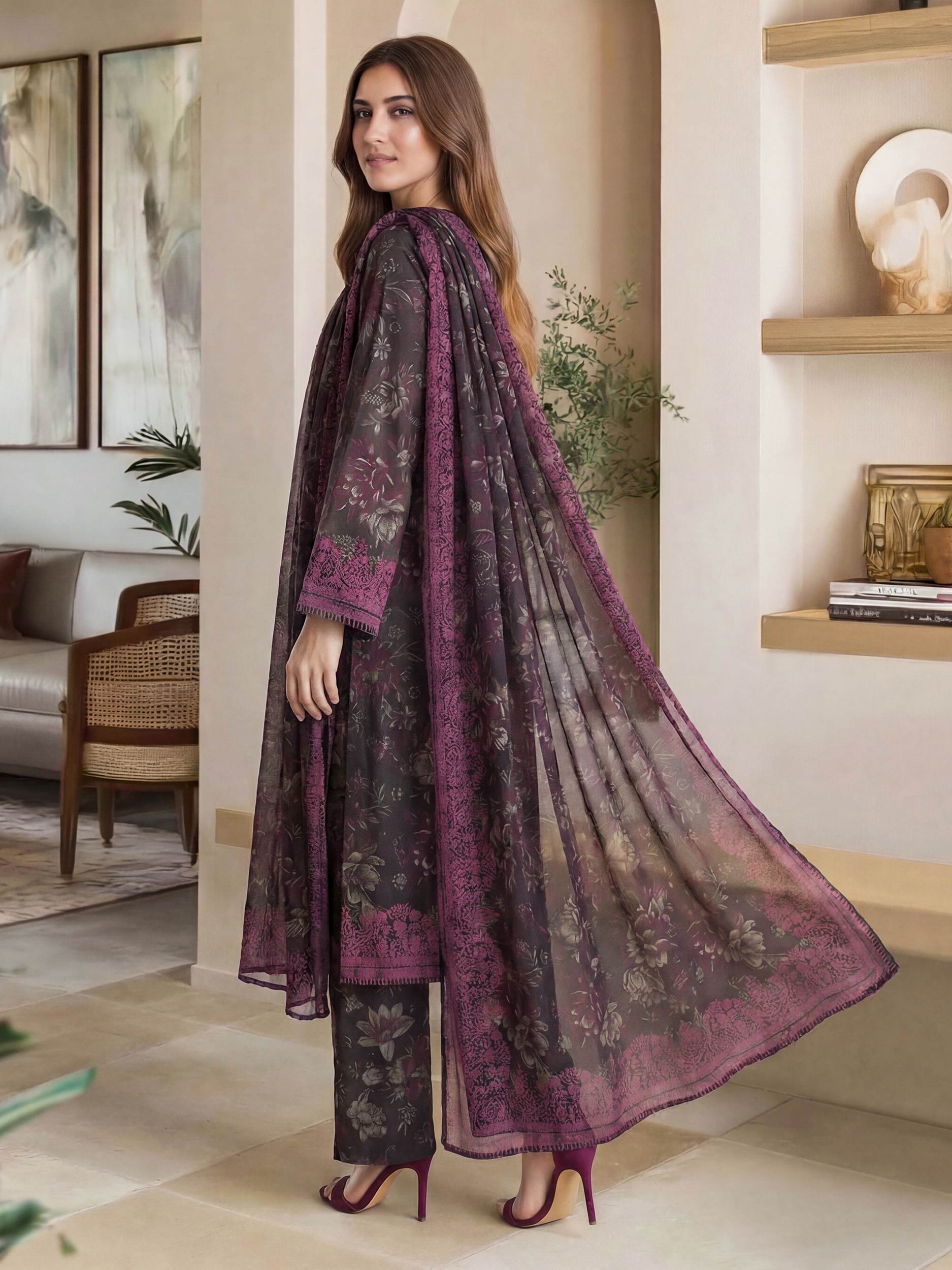 3 Piece Lawn Slub Suit (Pret)