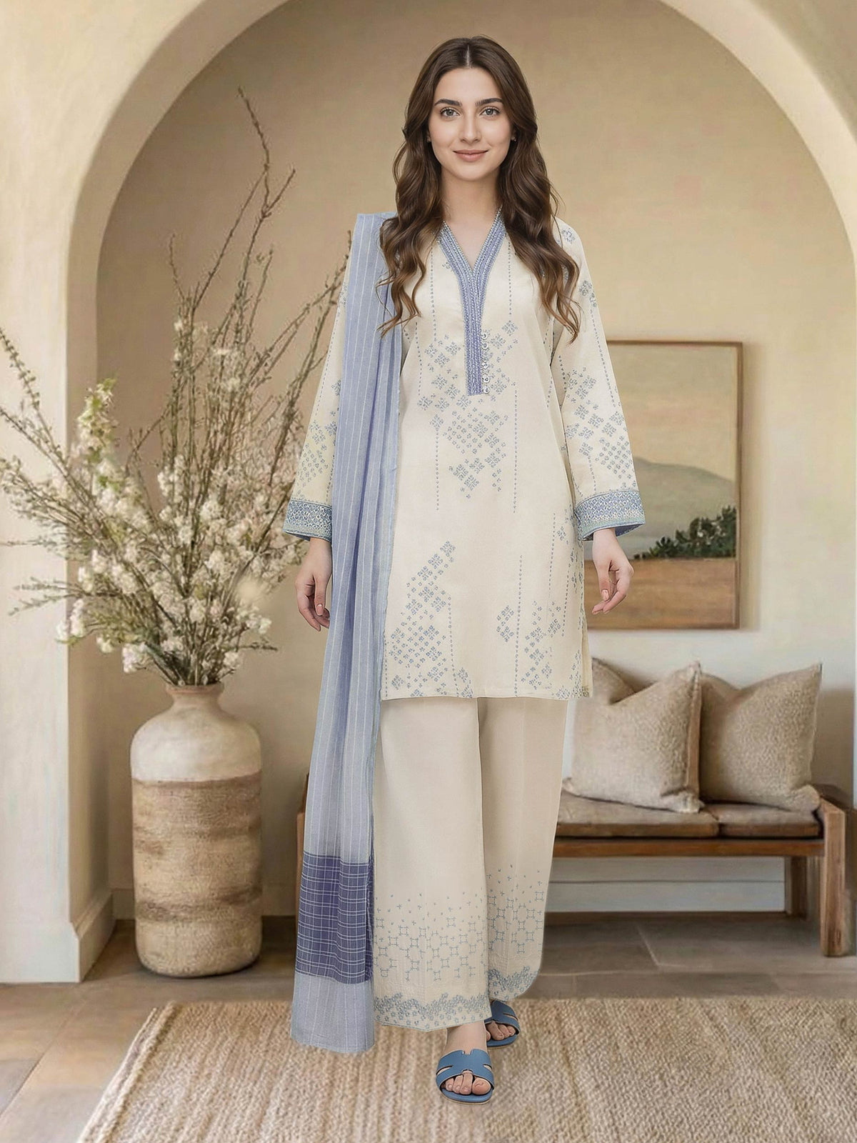 3 Piece Lawn Slub Suit- Embroidered (Pret)