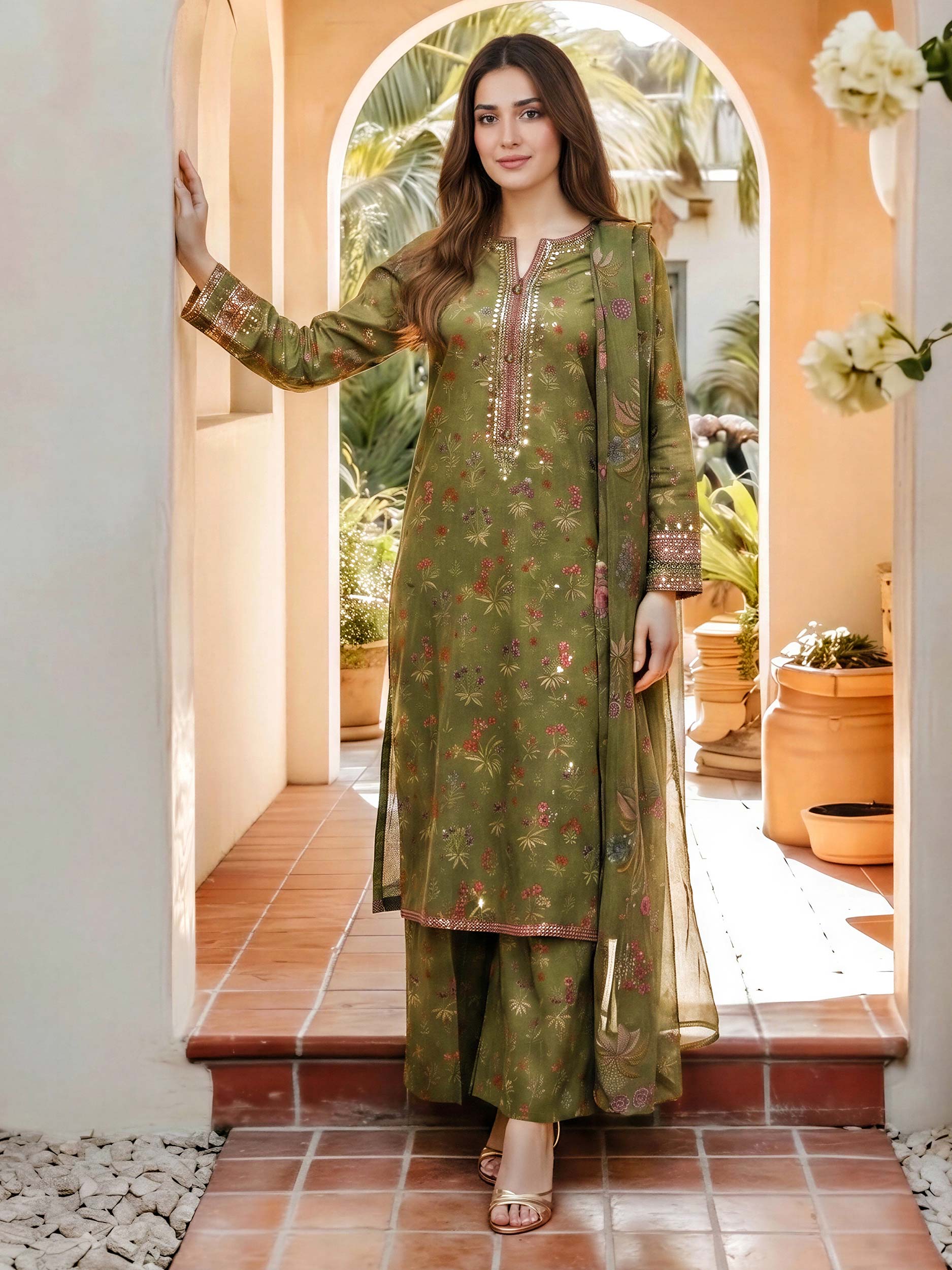 3 Piece Dobby Suit- Embroidered (Pret)