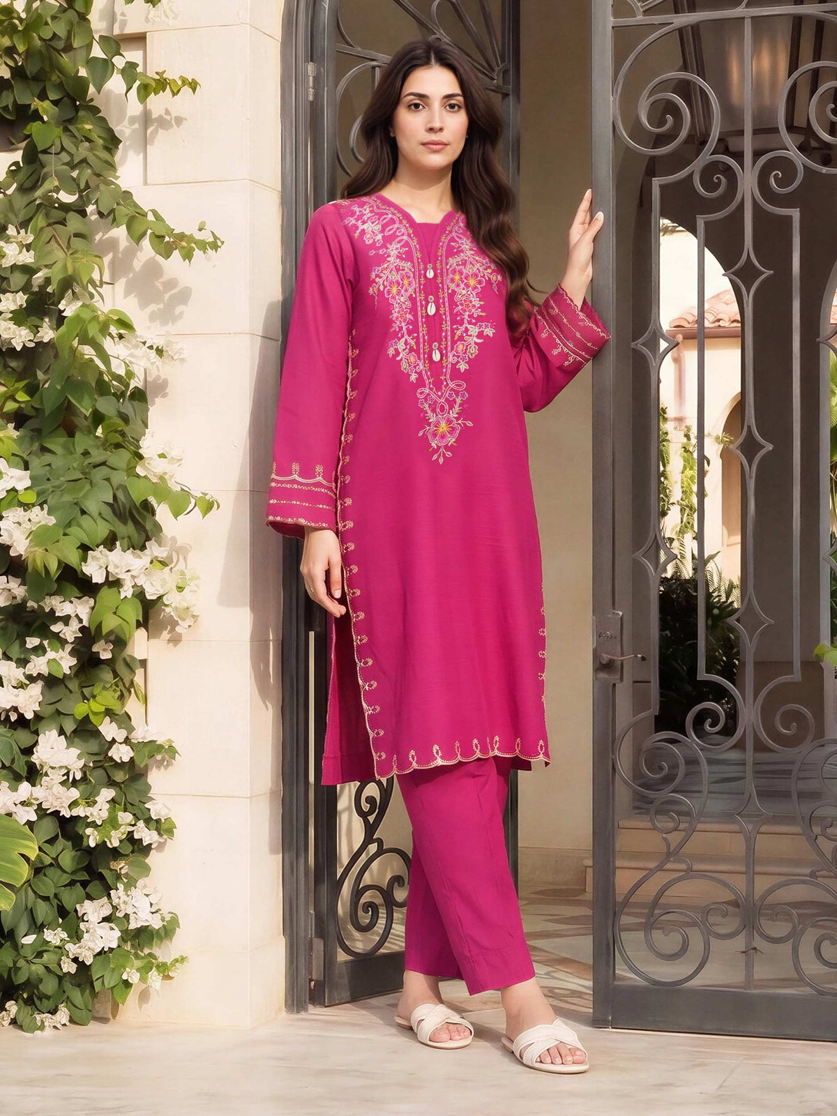 2 Piece Lawn Slub Suit- Embroidered (Pret)
