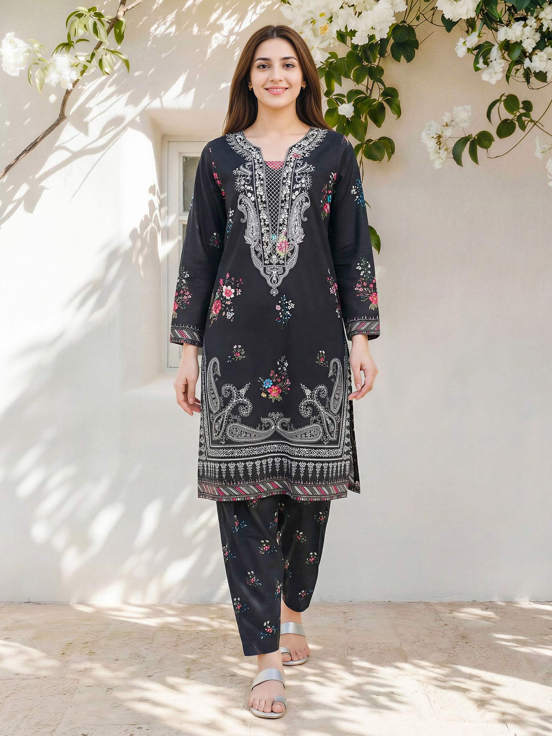 2 Piece Lawn Slub Suit- Embroidered (Pret)