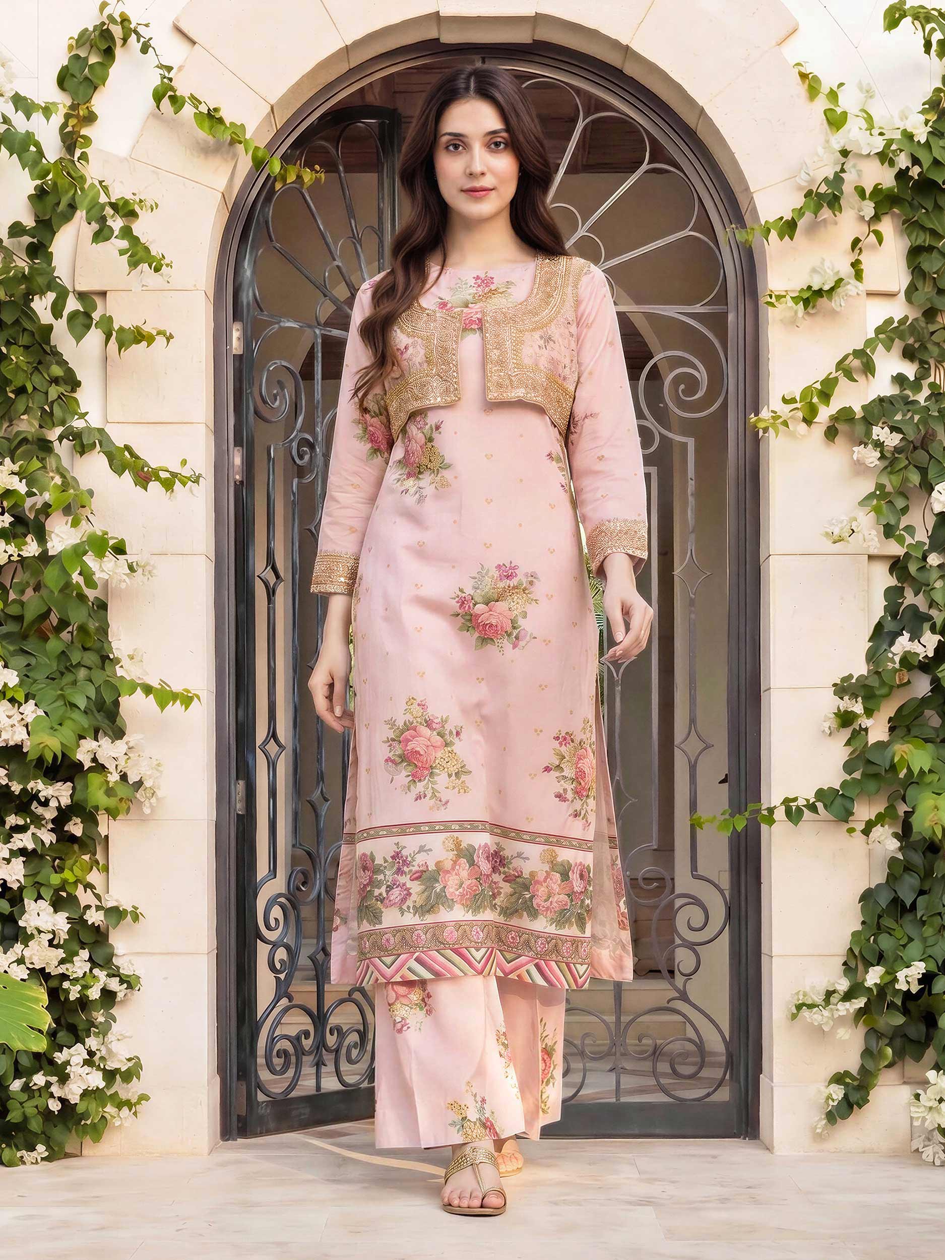 2 Piece Satin Suit- Embroidered (Pret)