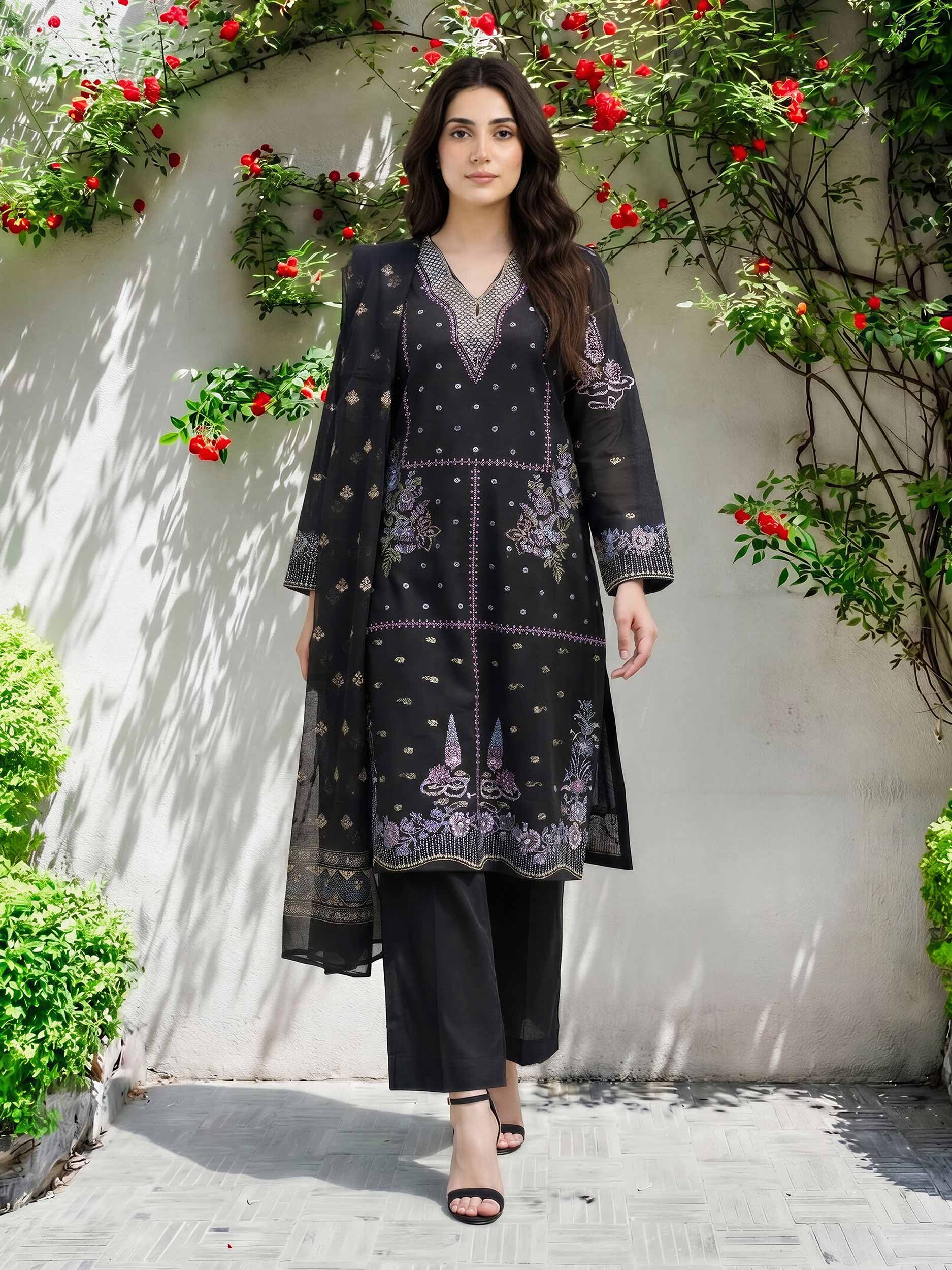 3 Piece Lawn Slub Suit- Embroidered (Pret)