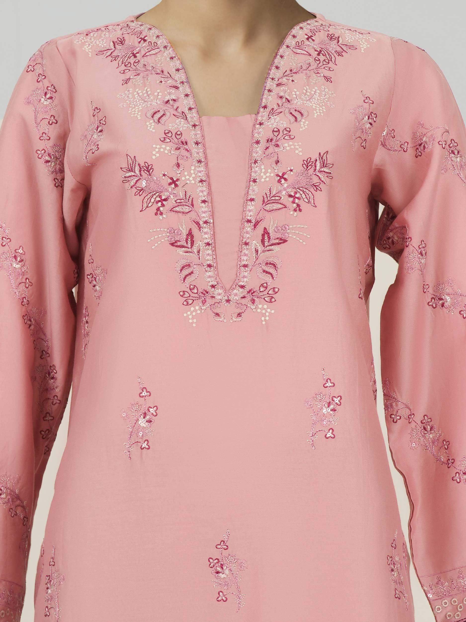 2 Piece Satin Suit- Embroidered (Pret)