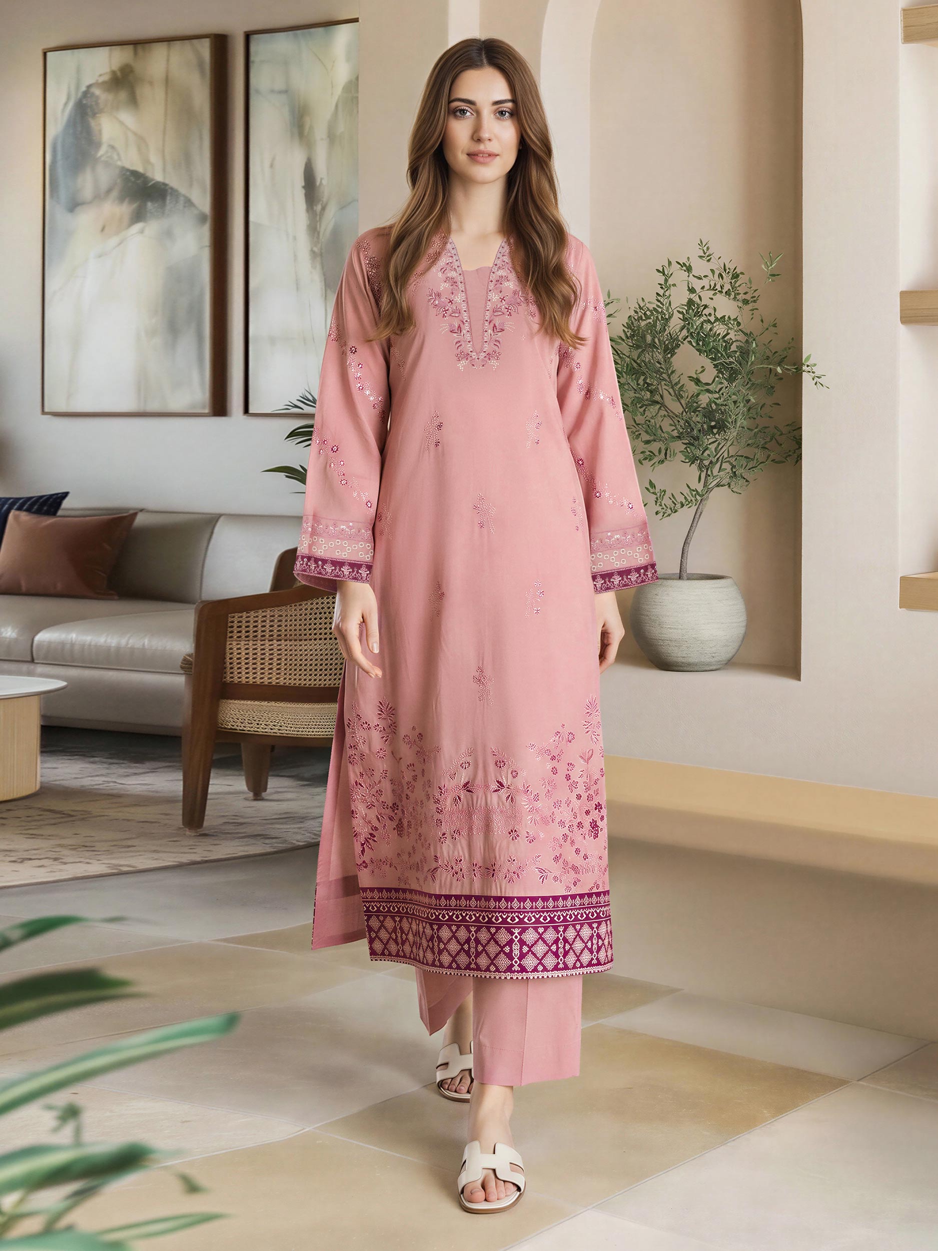 2 Piece Satin Suit- Embroidered (Pret)