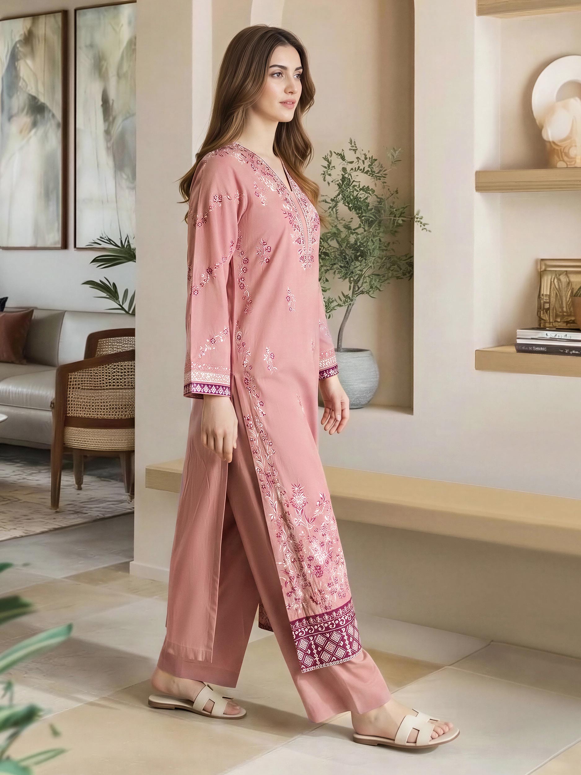 2 Piece Satin Suit- Embroidered (Pret)