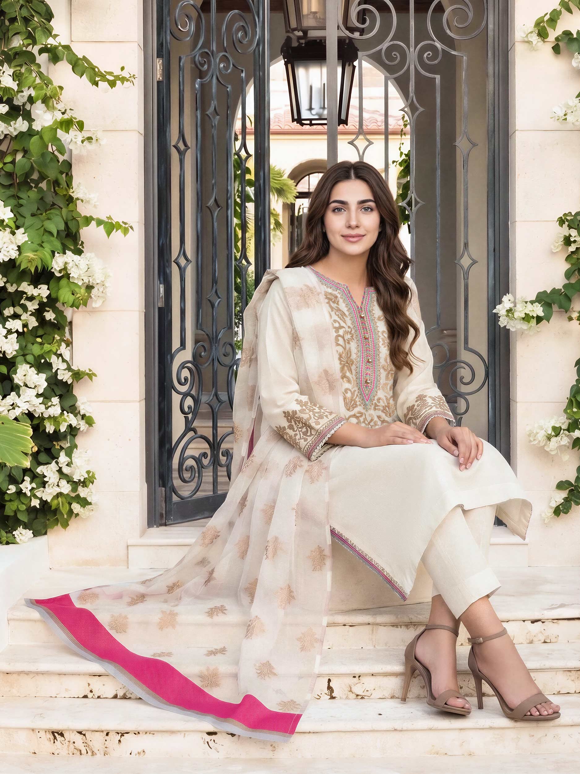 3 Piece Dobby Suit- Embroidered (Pret)