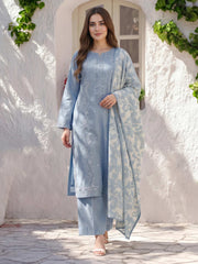 3 Piece Chambray Suit- Embroidered (Pret)