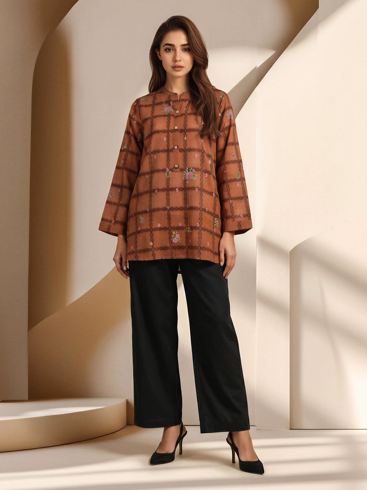 Jacquard Yarn Dyed Kurti- Embroidered (Pret)
