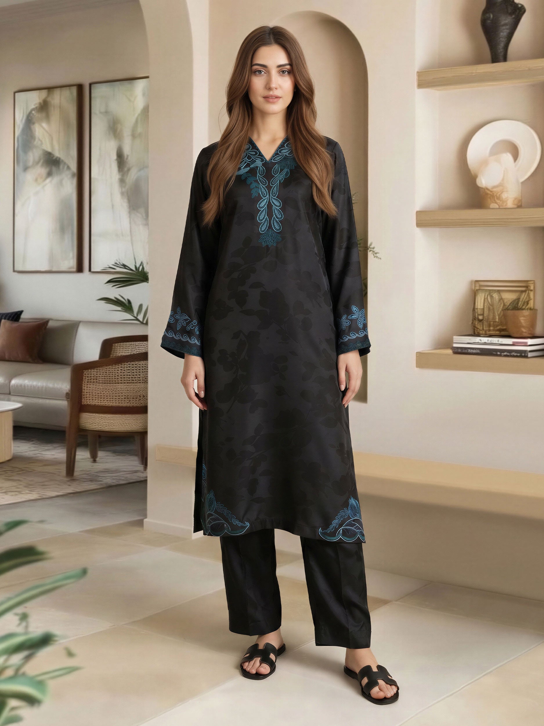 2 Piece Silk Suit- Embroidered (Pret)