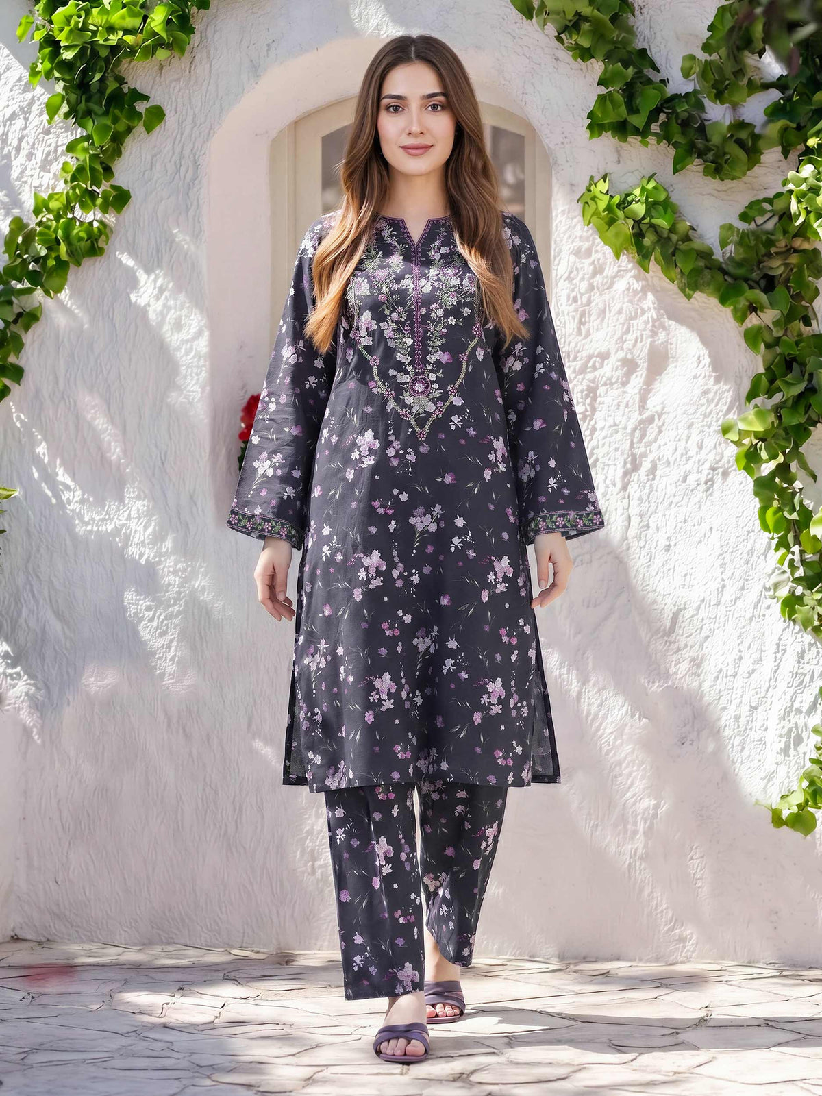 2 Piece Viscose Cotton Suit- Embroidered (Pret)