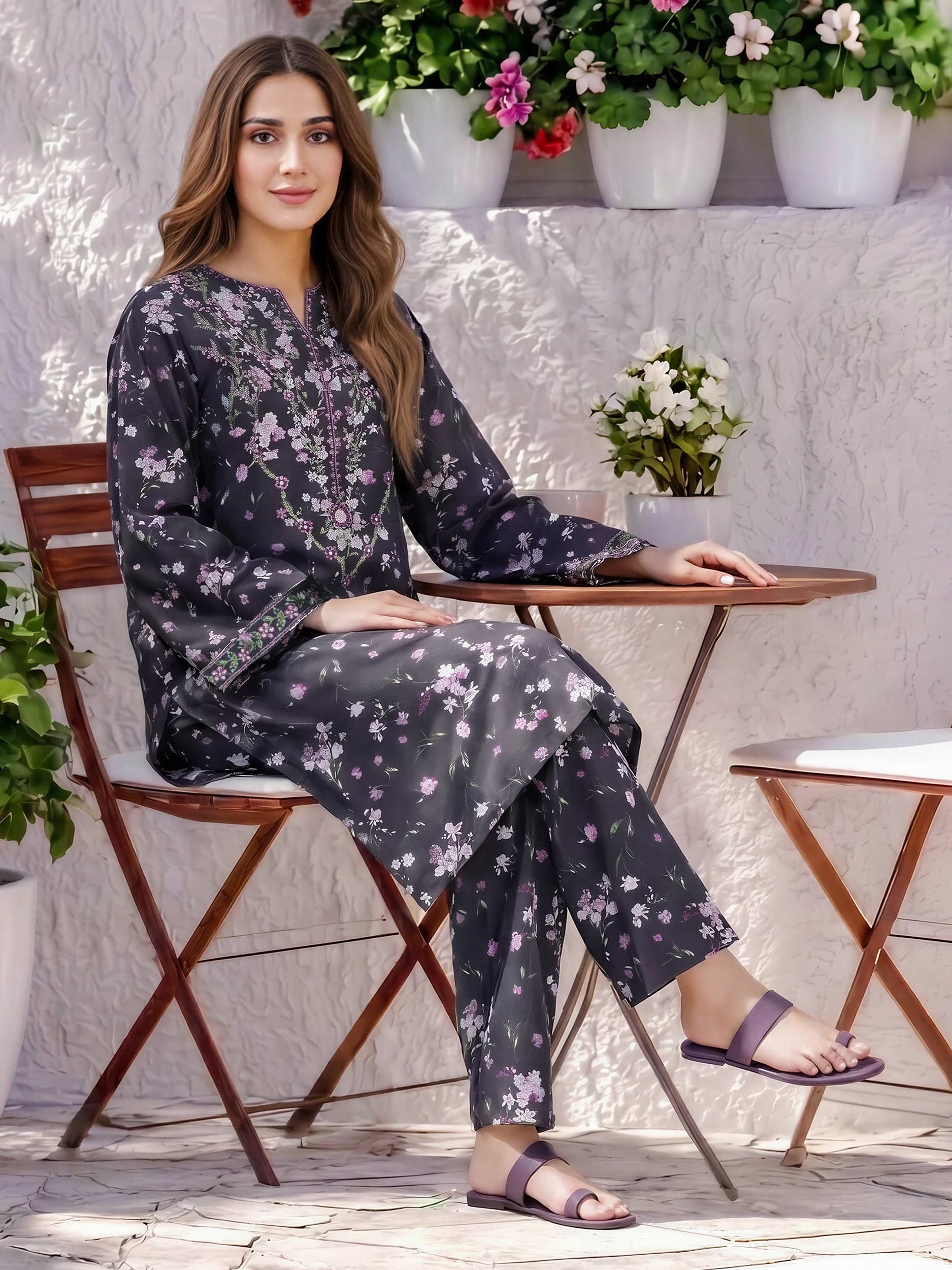 2 Piece Viscose Cotton Suit- Embroidered (Pret)