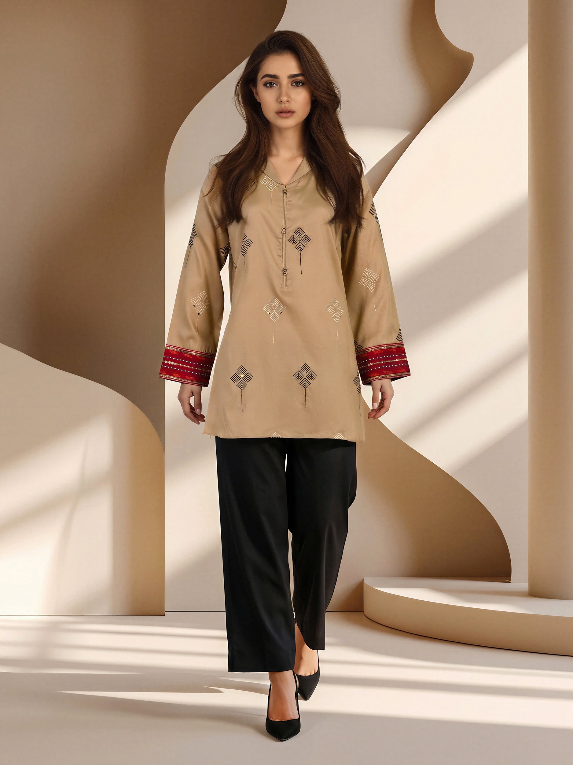 Satin Kurti- Embroidered (Pret)