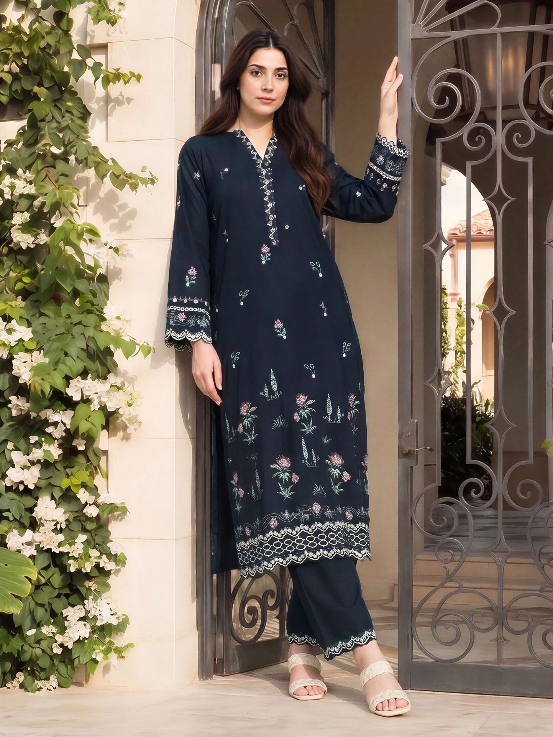 2 Piece Satin Suit- Embroidered (Pret)