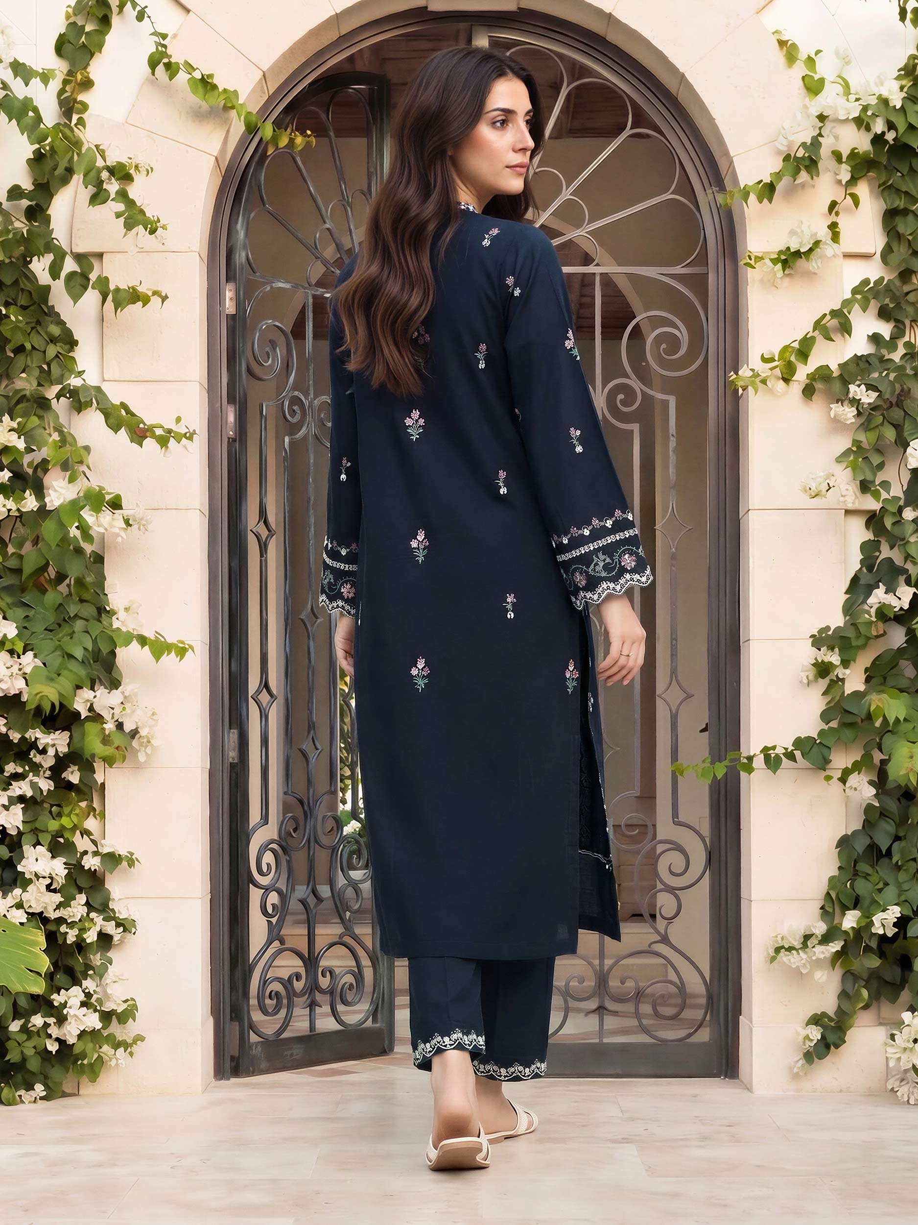 2 Piece Satin Suit- Embroidered (Pret)