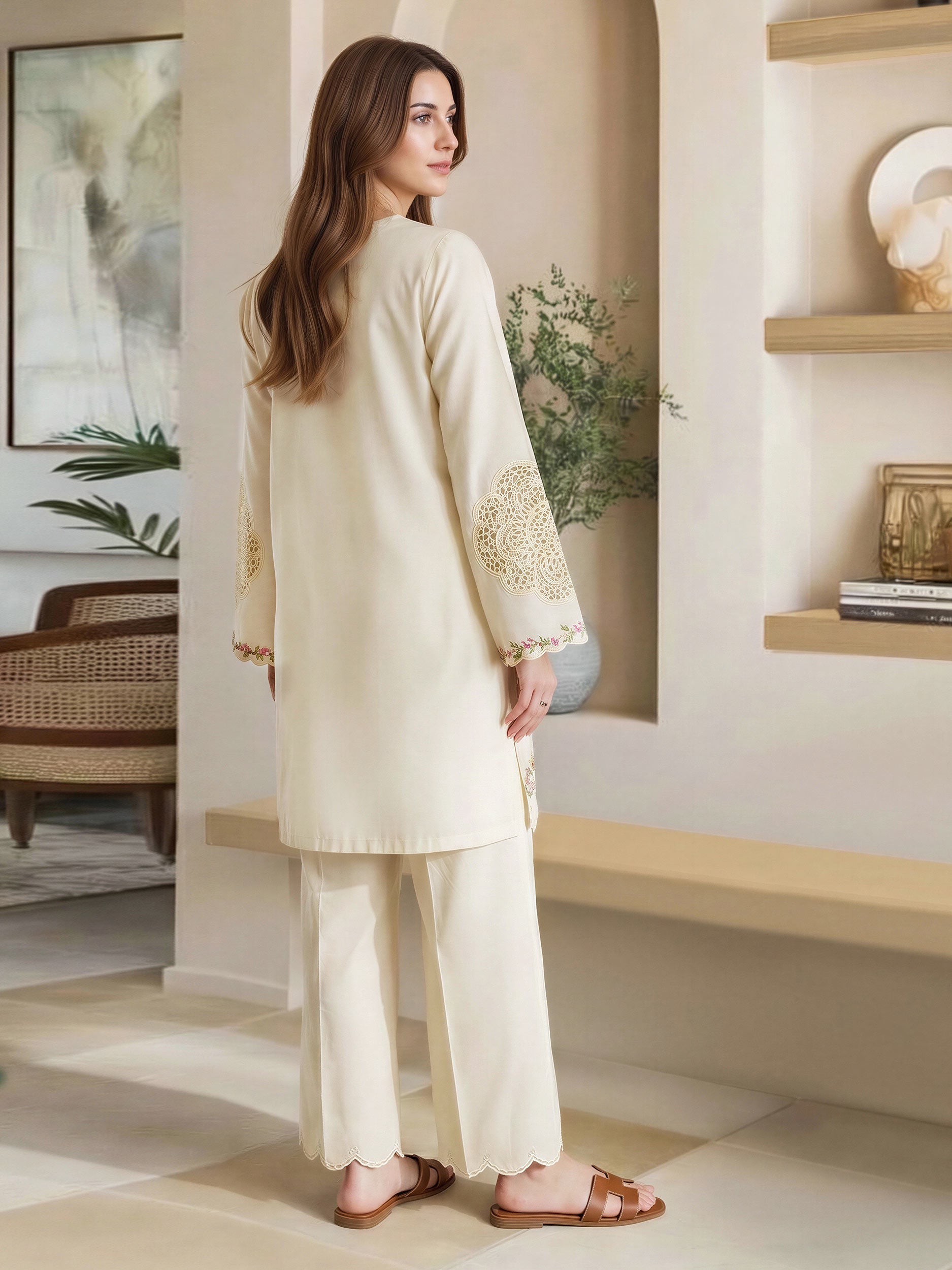 2 Piece Satin Suit- Embroidered (Pret)