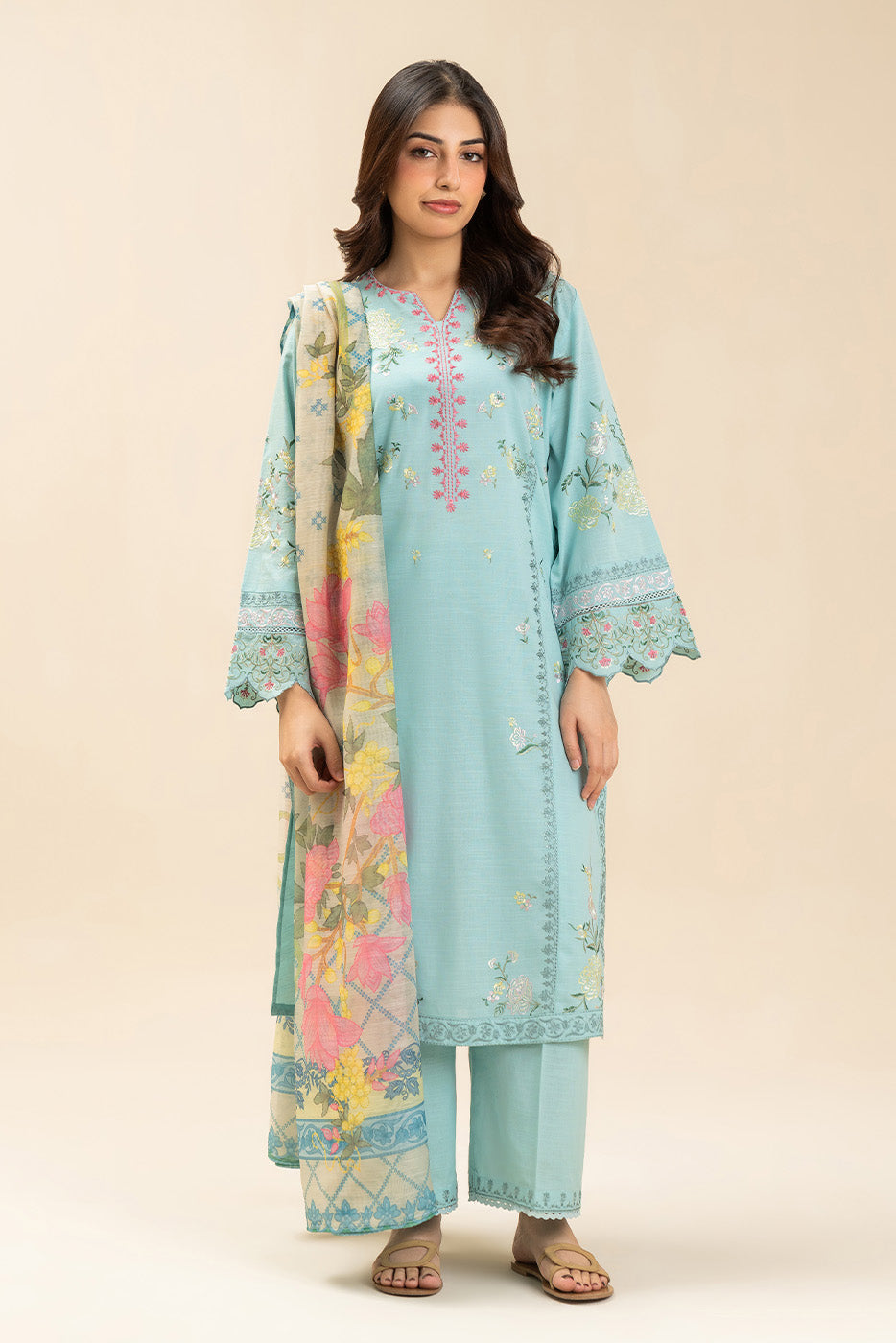 3 PIECE EMBROIDERED SLUB SUIT (PRET)