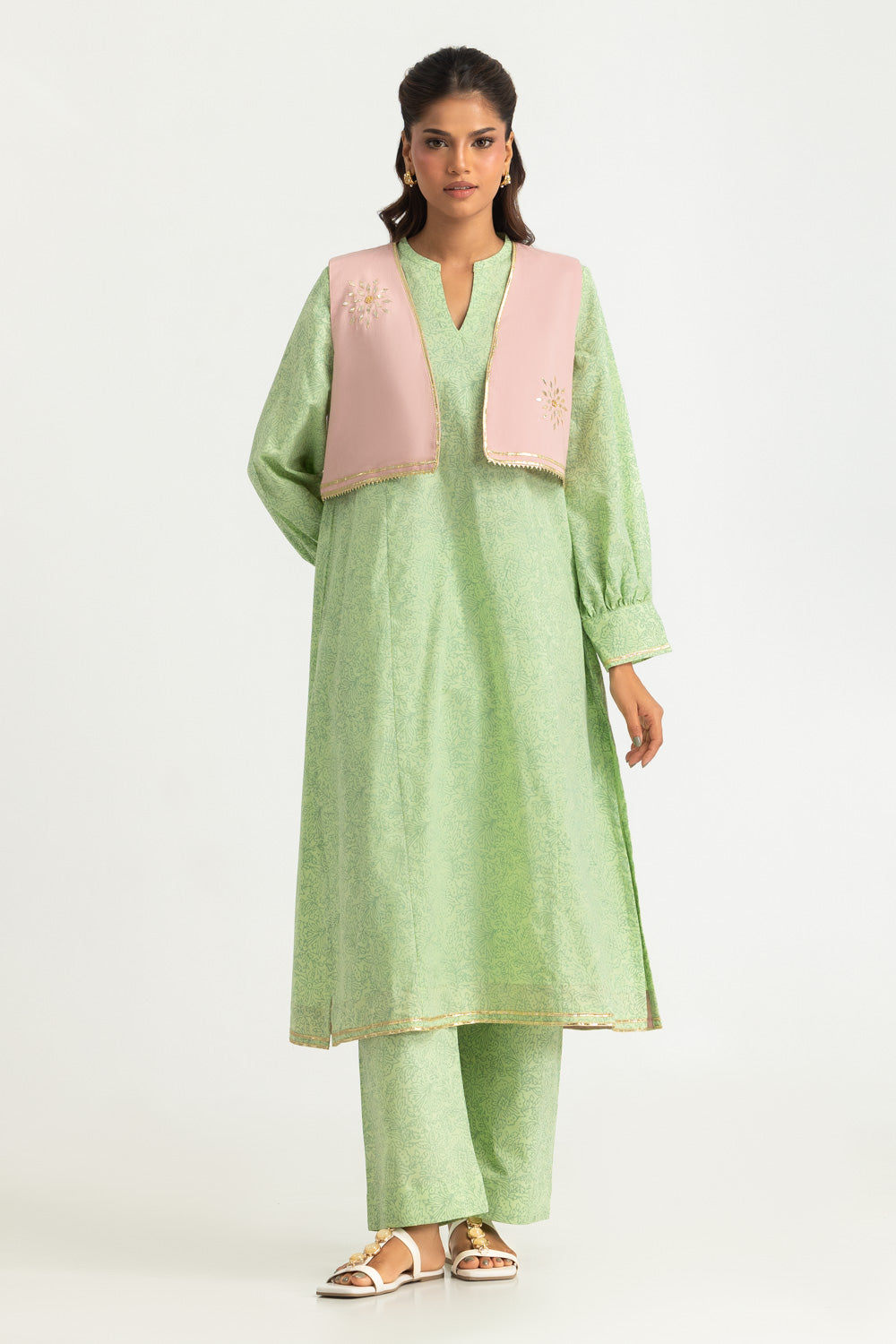 Cambric Block Printed Co-Ord Set With Waistcoat