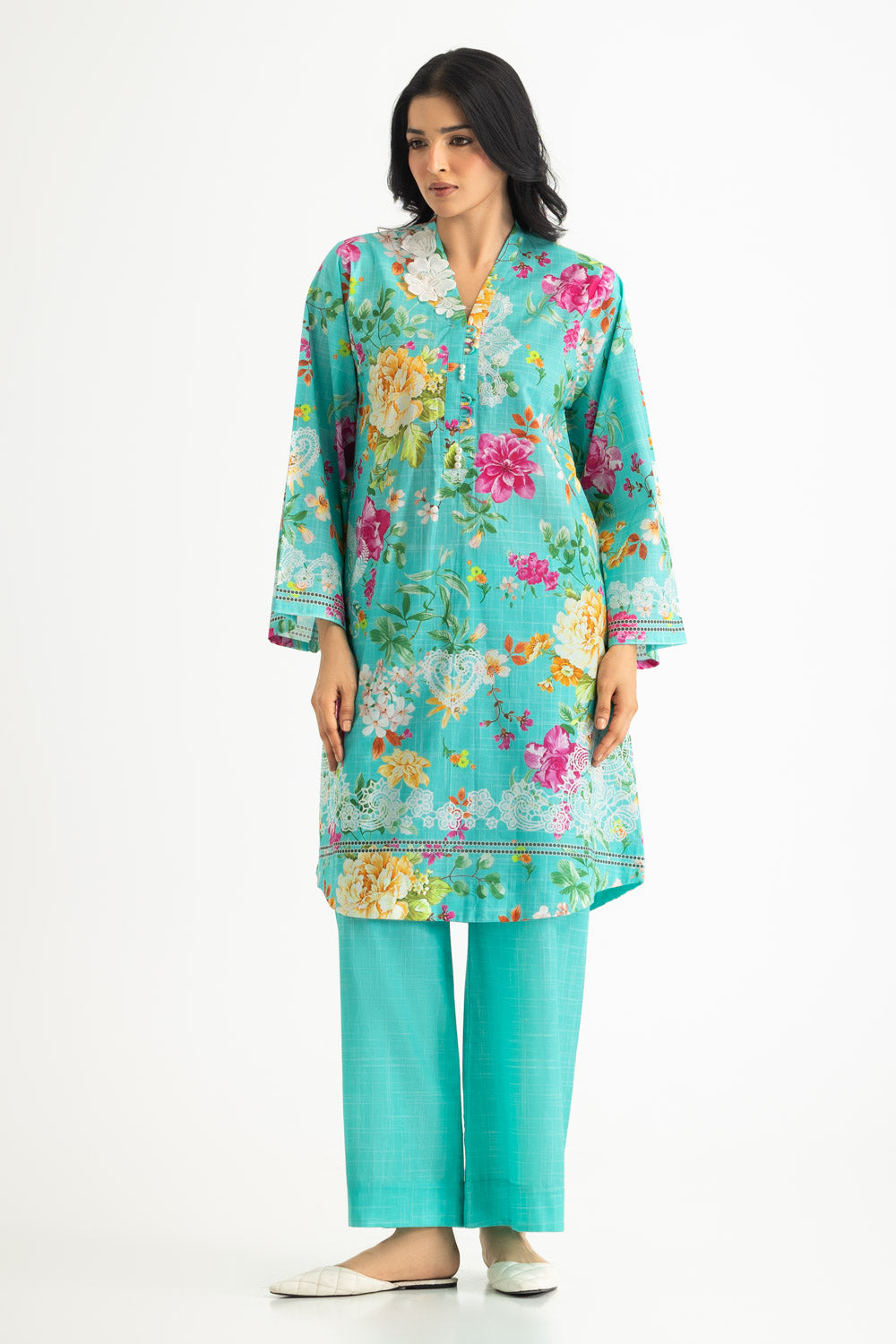 Cambric Printed Co-Ord Set With Embroidered