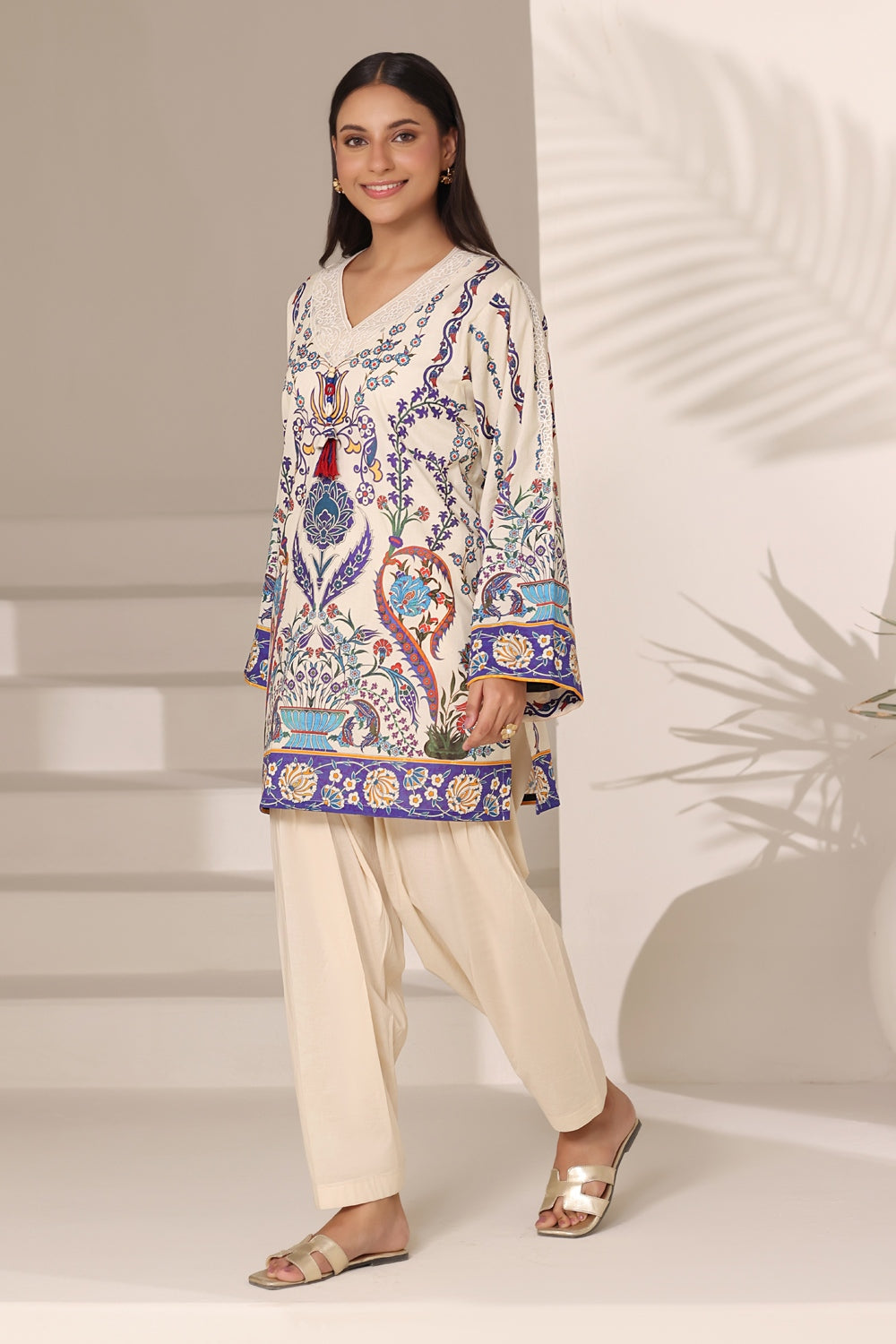 Cambric Printed Shirt And Trouser With Embroidered