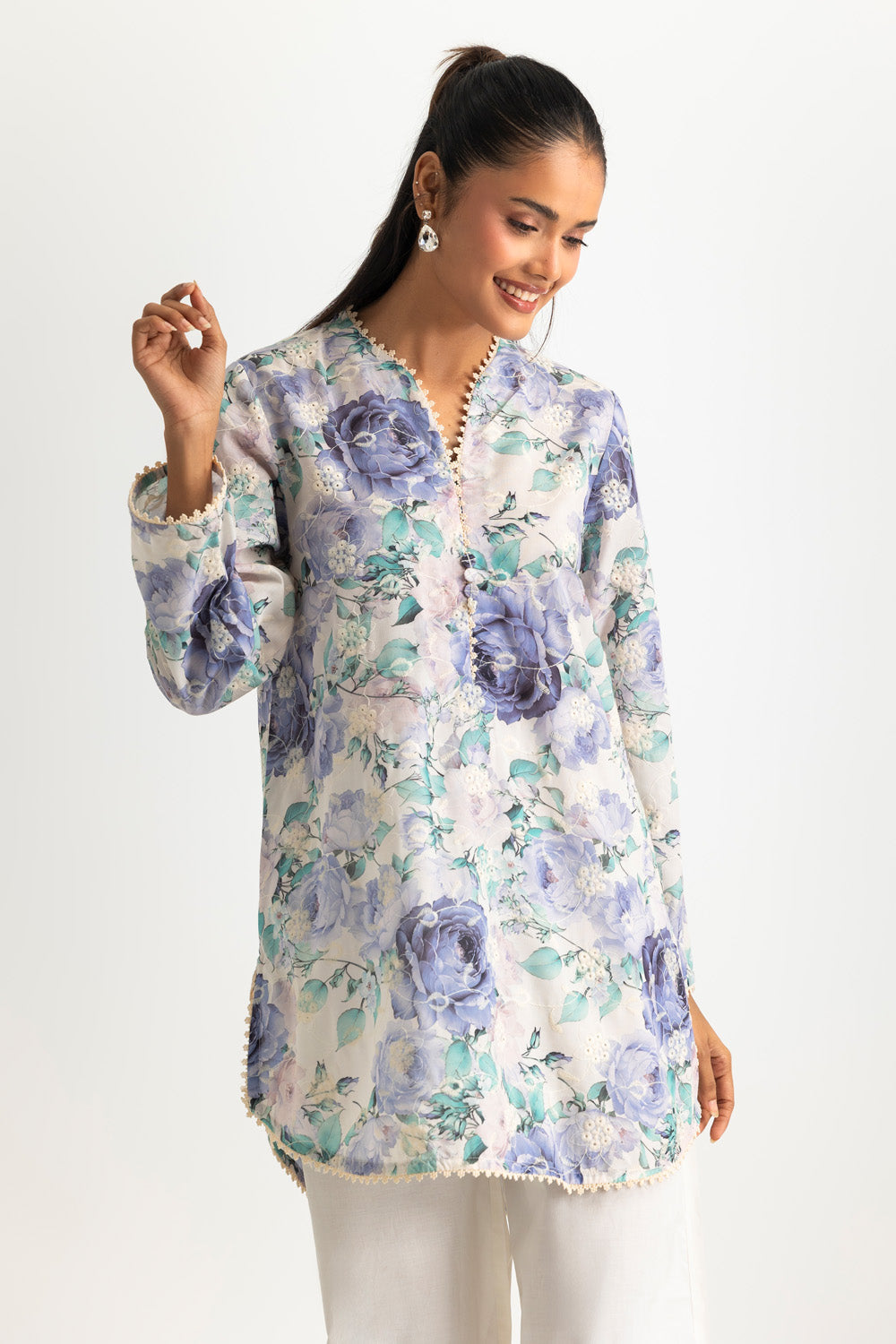Cotton Printed Shirt With Embroidered And Dyed Trouser