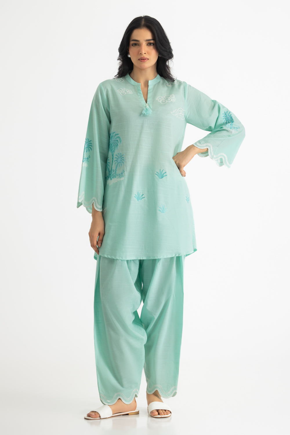 Cotton Viscose Slub Embroidered Co-Ord Set