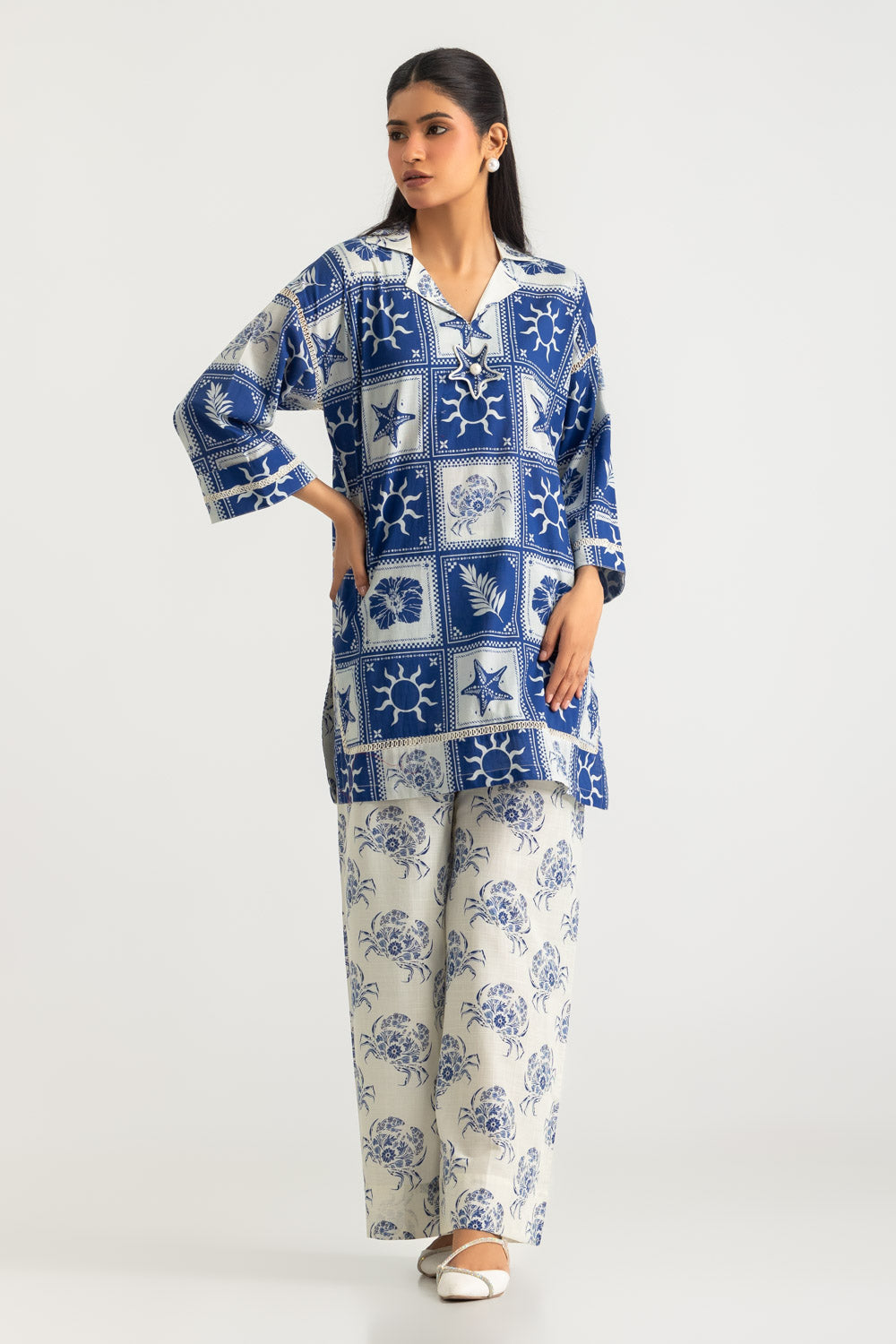 Cross Hatch Printed Co-Ord Set With Embroidered