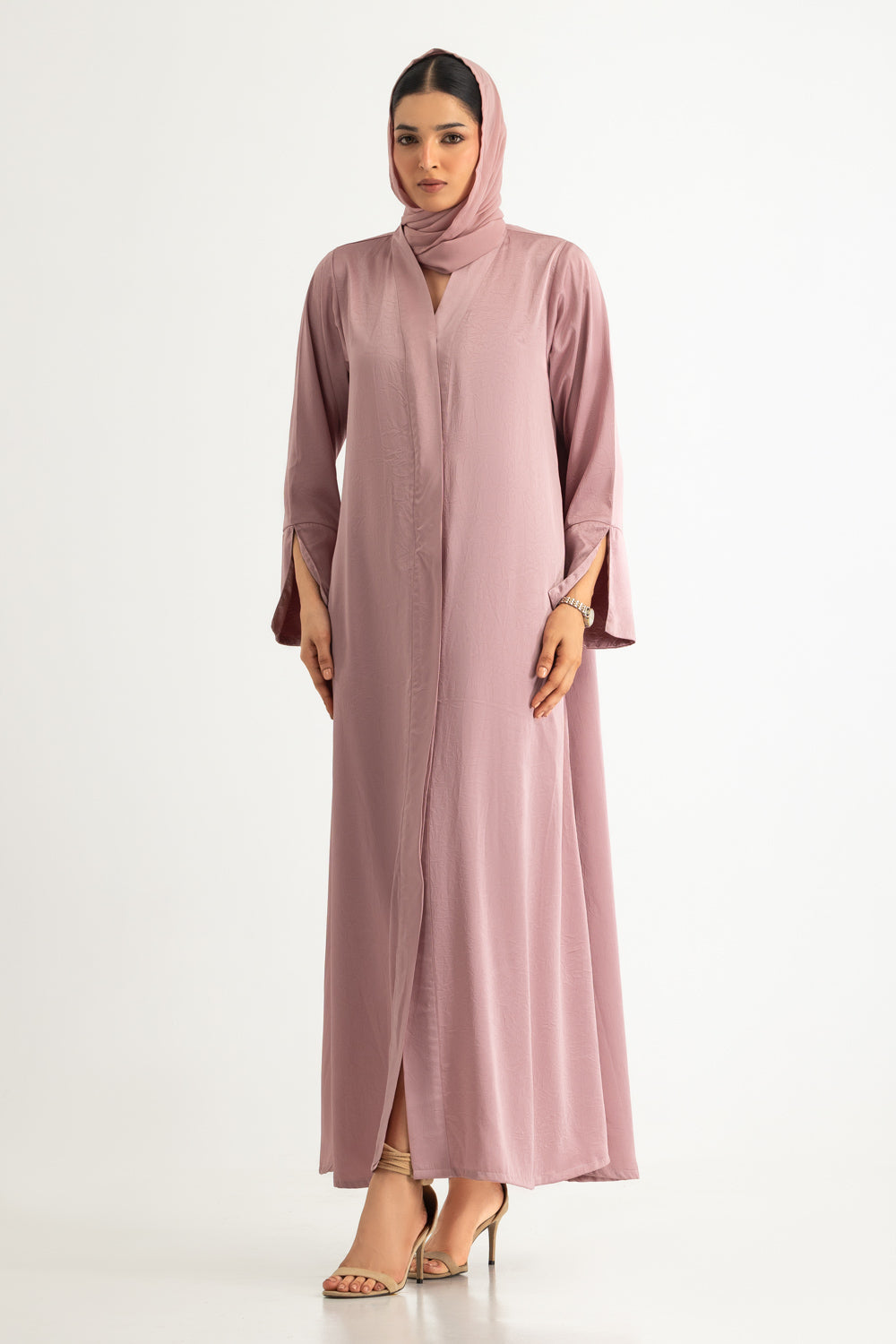 Crushed Satin Abaya With Dyed Scarf