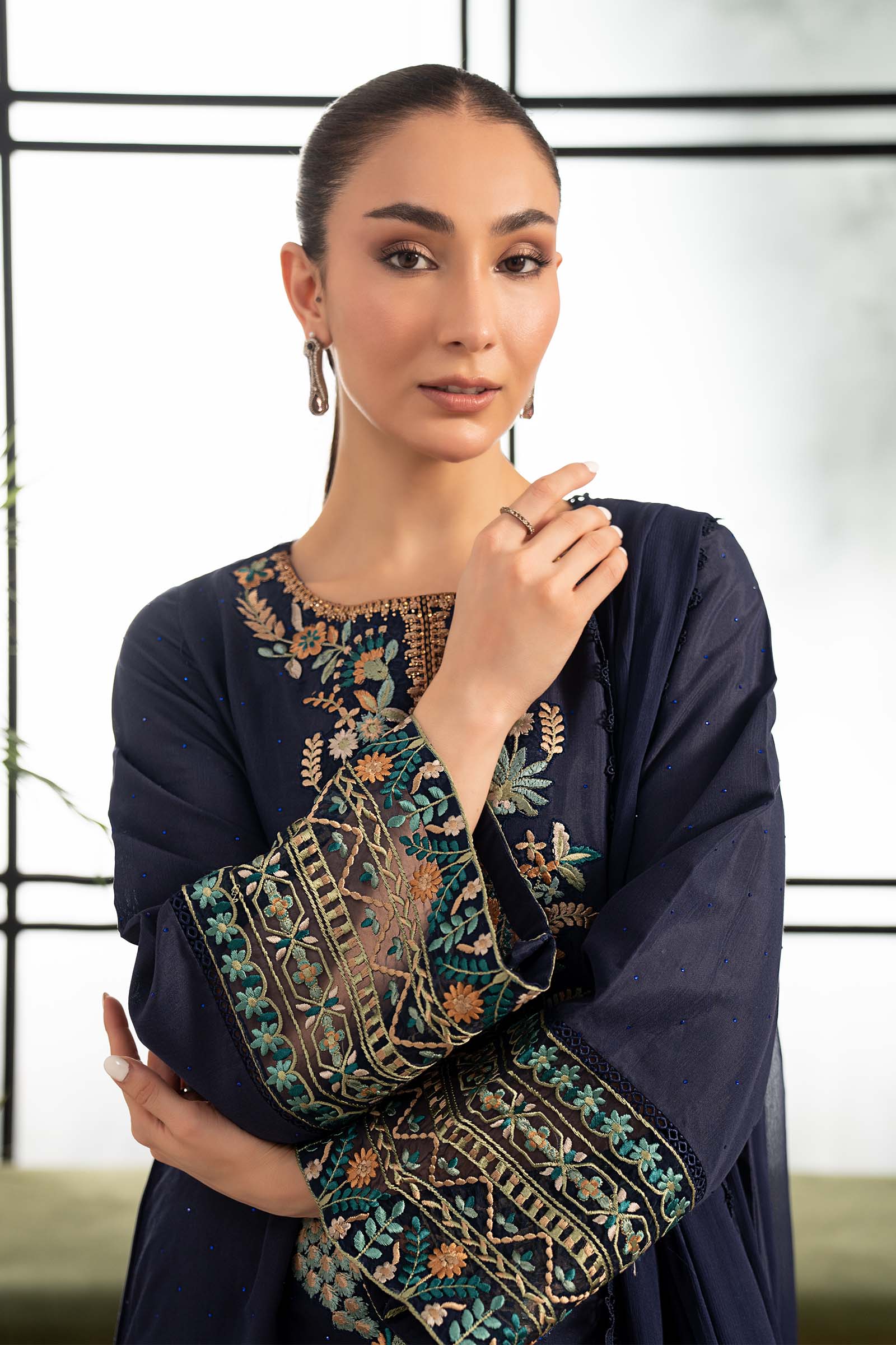 3 Piece Embroidered Raw Silk Suit