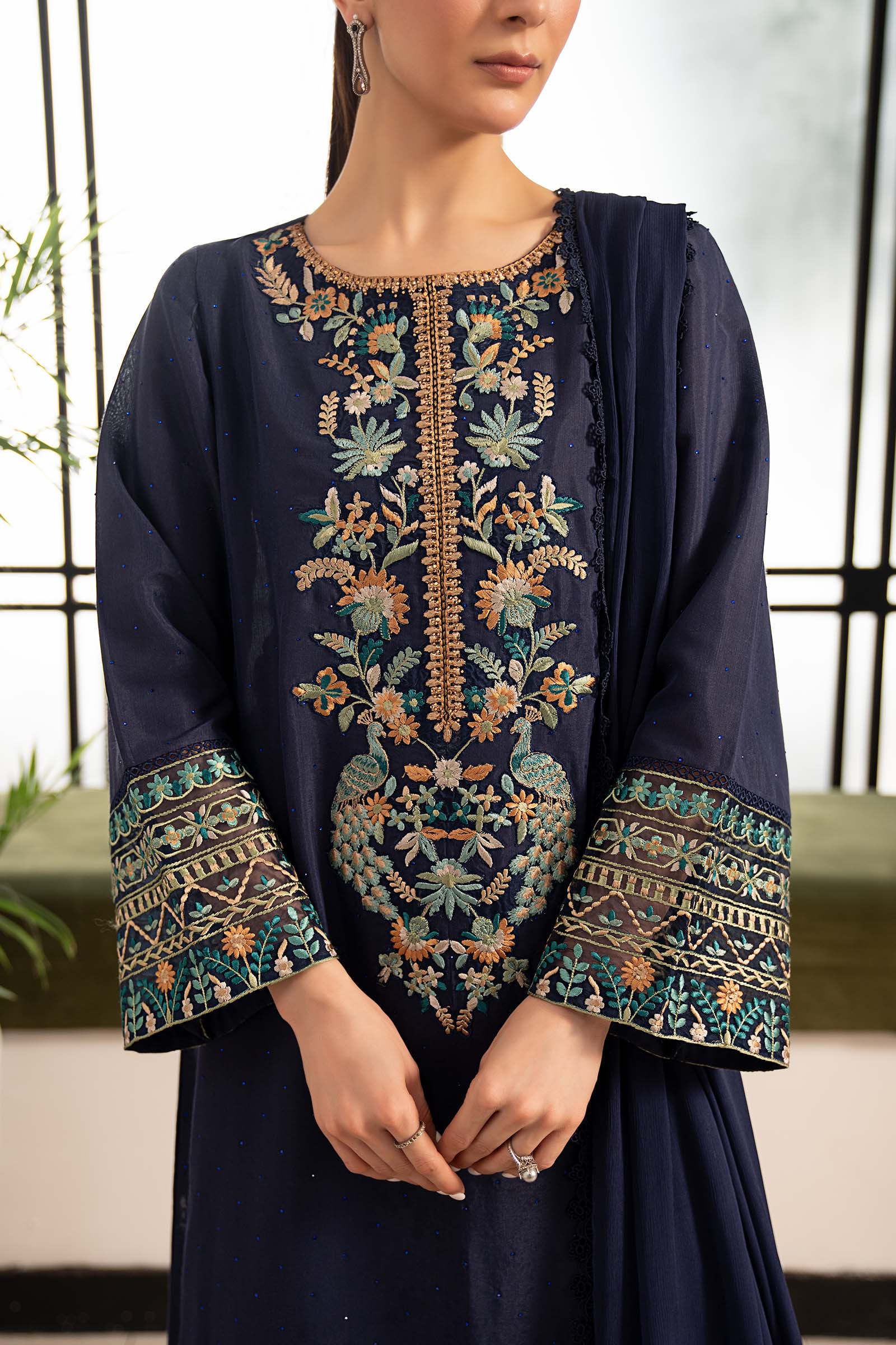 3 Piece Embroidered Raw Silk Suit
