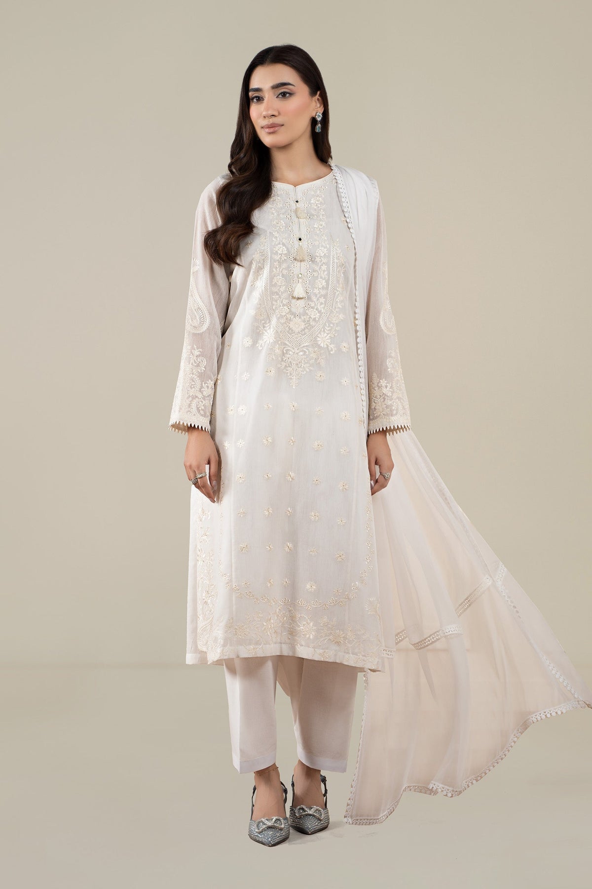 3 Piece Embroidered Paper Cotton Suit