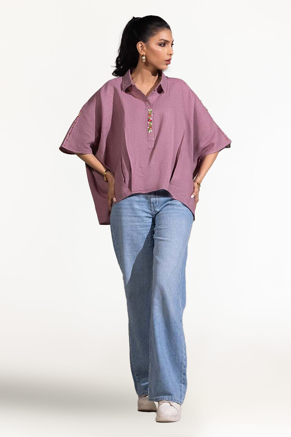 Dobby Jute Embroidered Drop Shoulder Tunic