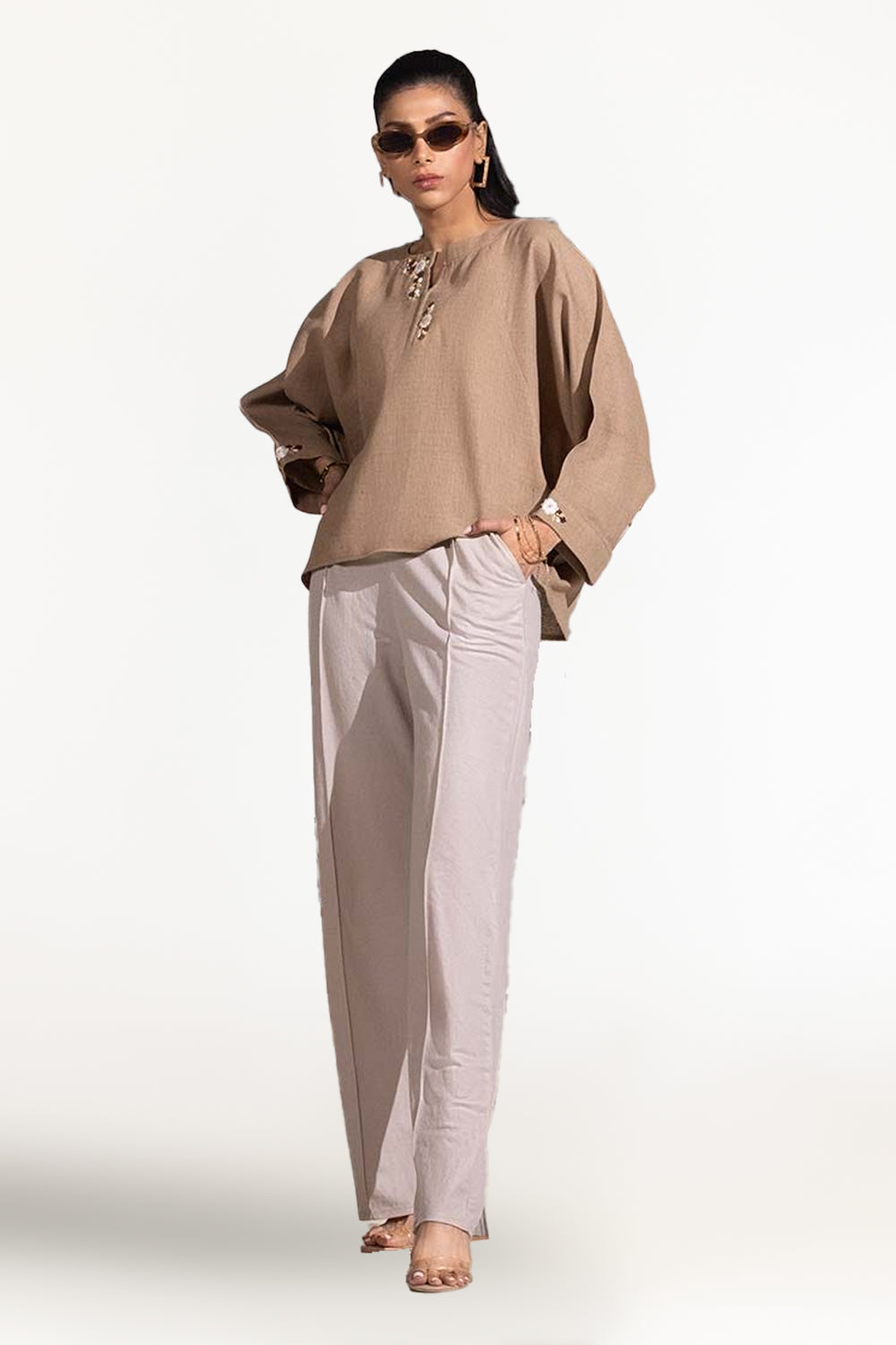 Dobby Jute Embroidered Drop Shoulder Tunic