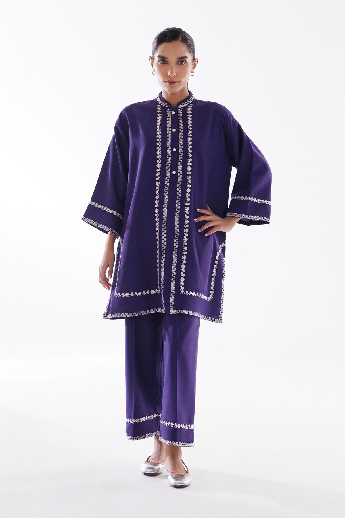 Stitched Embroidered Khaddar Shirt + Culotte