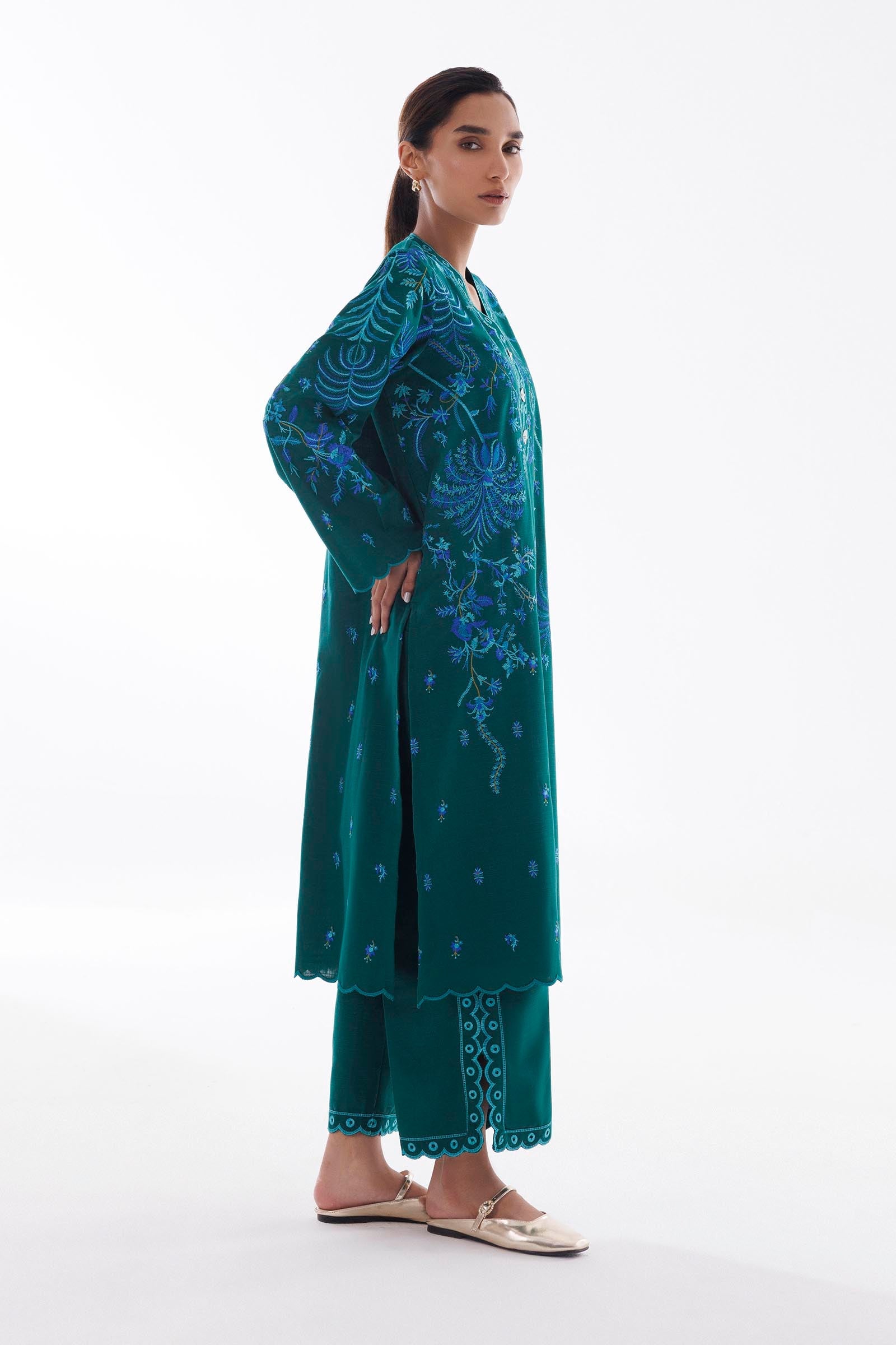 Stitched Embroidered Khaddar Shirt + Culotte