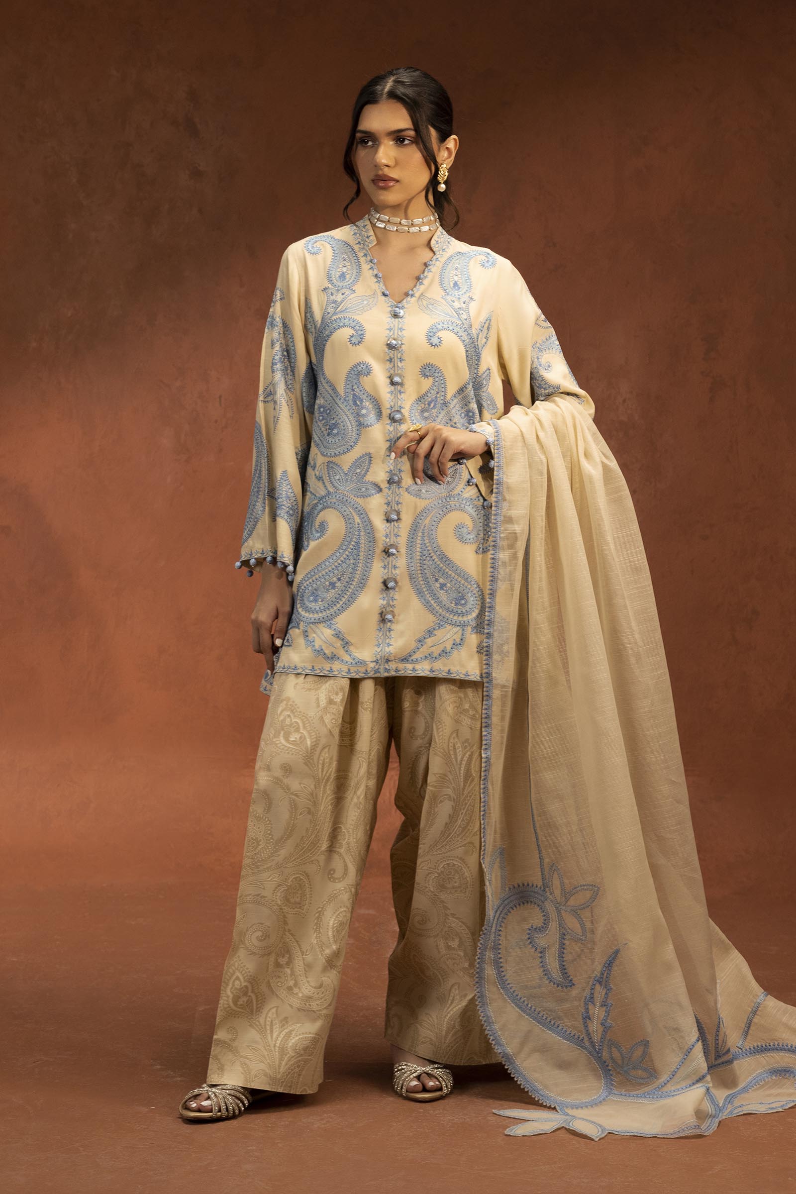 Stitched Embroidered Raw Silk Suit