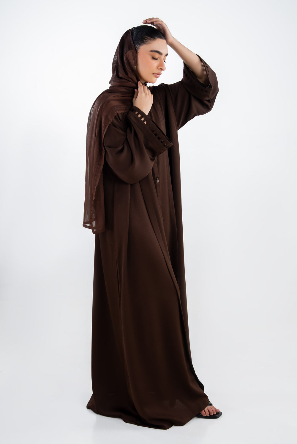 Georgette Embellished Abaya With Stripe Chiffon Scarf