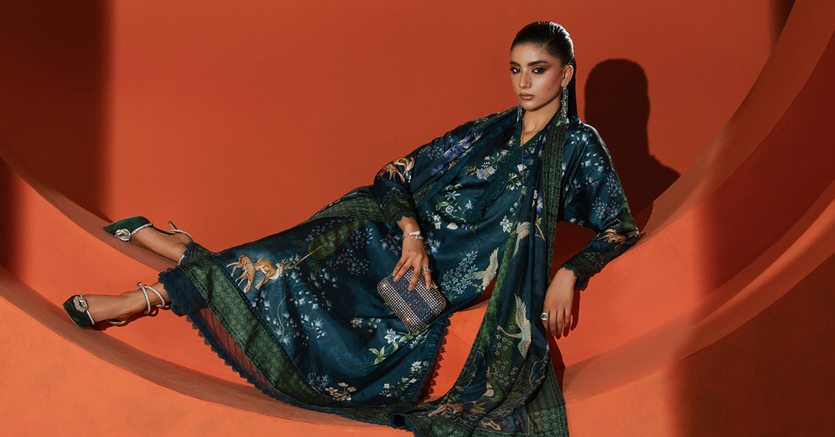 3 Piece Printed Satin Silk Suit